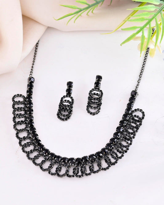 VOJ Black Circular Stone Studded Jewellery Set - Swadesiicart