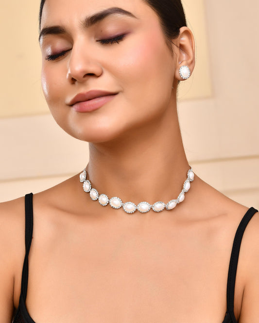VOJ Silver Plated Pearl and Stones Studded Oval Shaped Jewellery Set - Swadesiicart