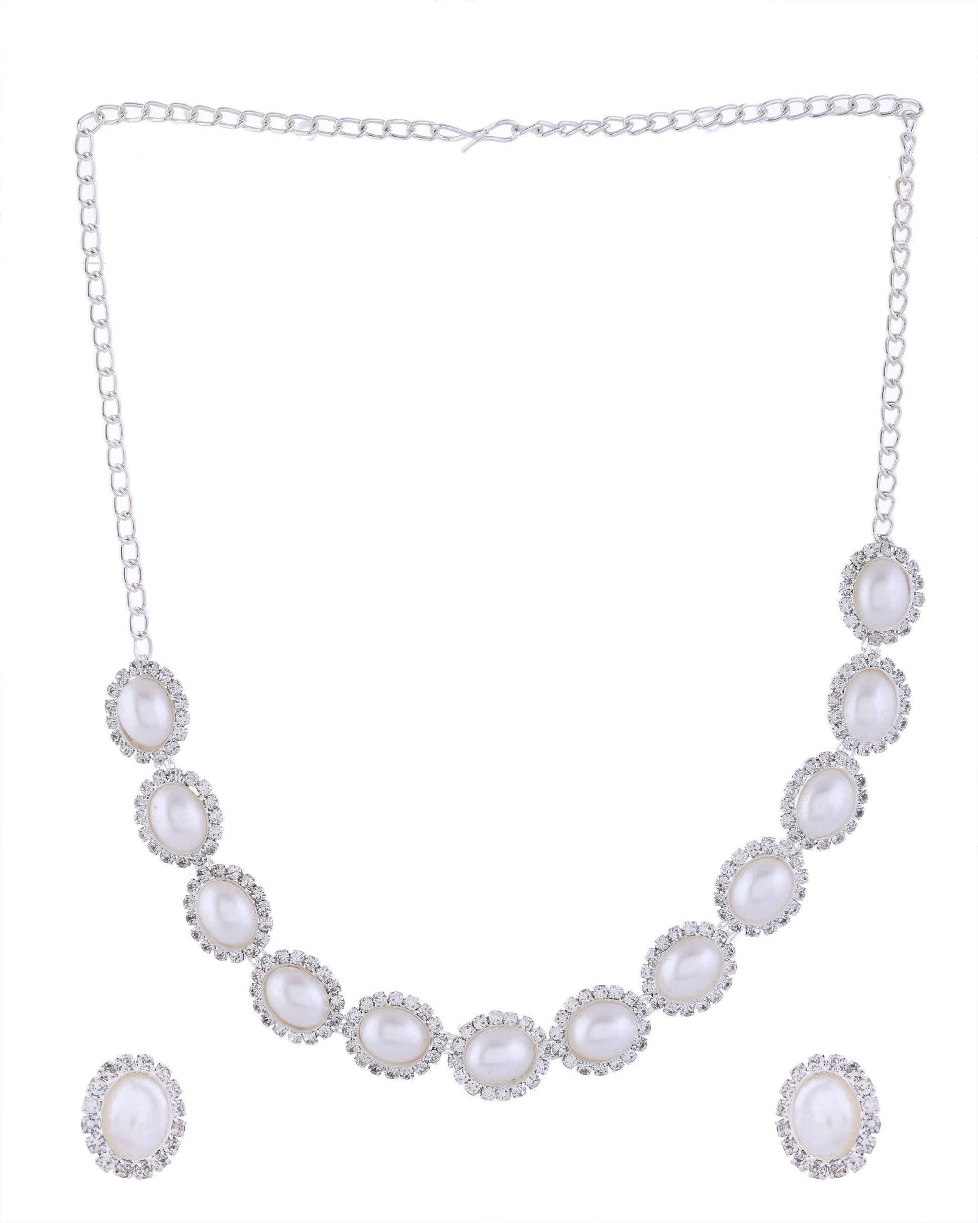VOJ Silver Plated Pearl and Stones Studded Oval Shaped Jewellery Set - Swadesiicart