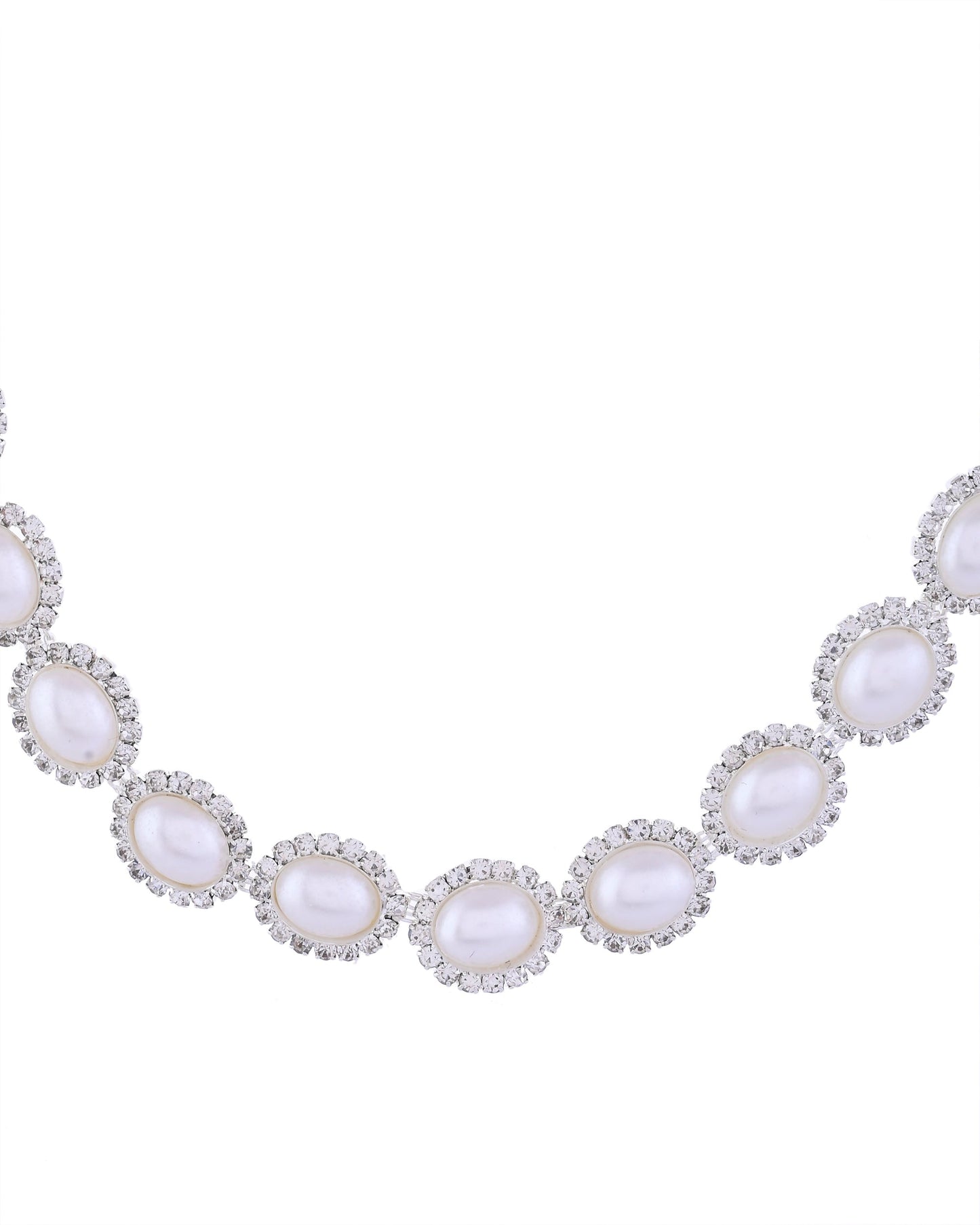 VOJ Silver Plated Pearl and Stones Studded Oval Shaped Jewellery Set - Swadesiicart