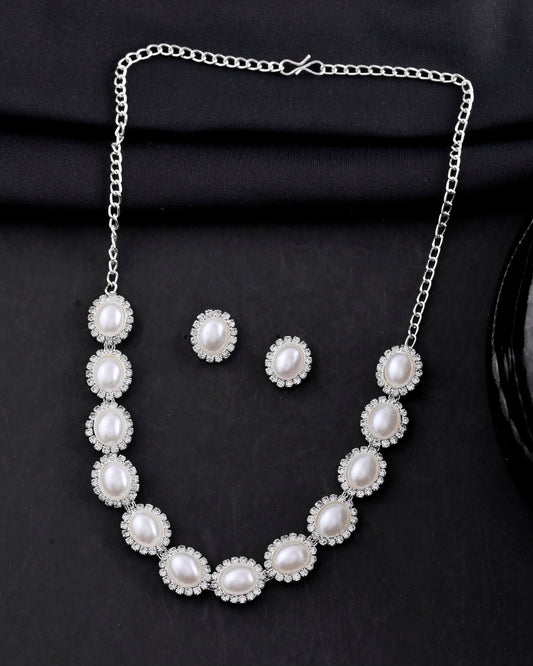 VOJ Silver Plated Pearl and Stones Studded Oval Shaped Jewellery Set - Swadesiicart