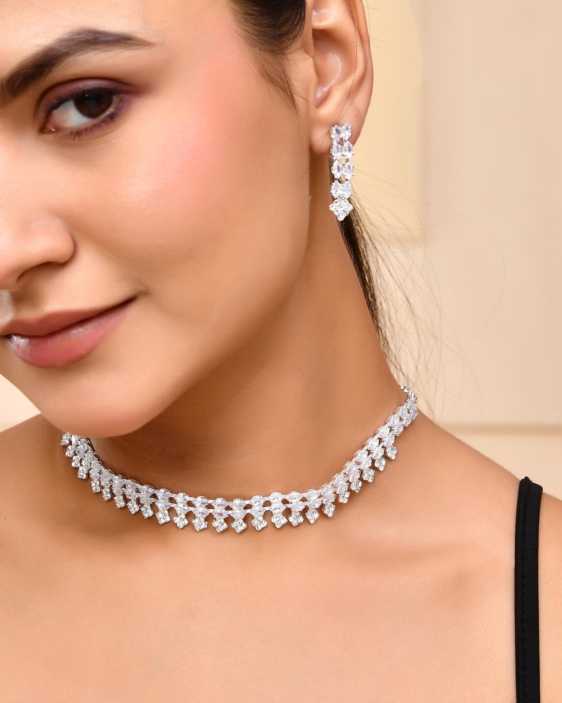 VOJ Silver Plated CZ Stones Studded Necklace Set - Swadesiicart