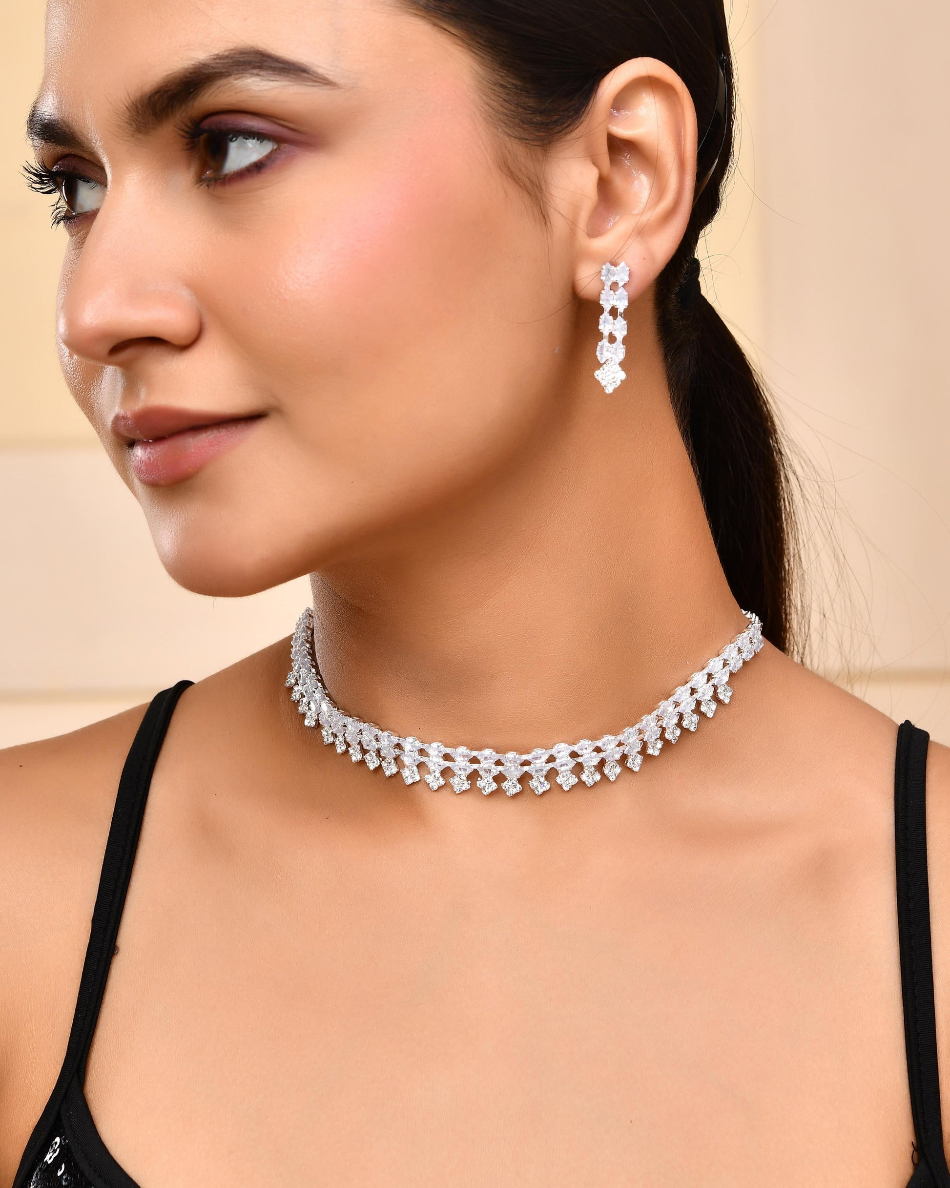 VOJ Silver Plated CZ Stones Studded Necklace Set - Swadesiicart