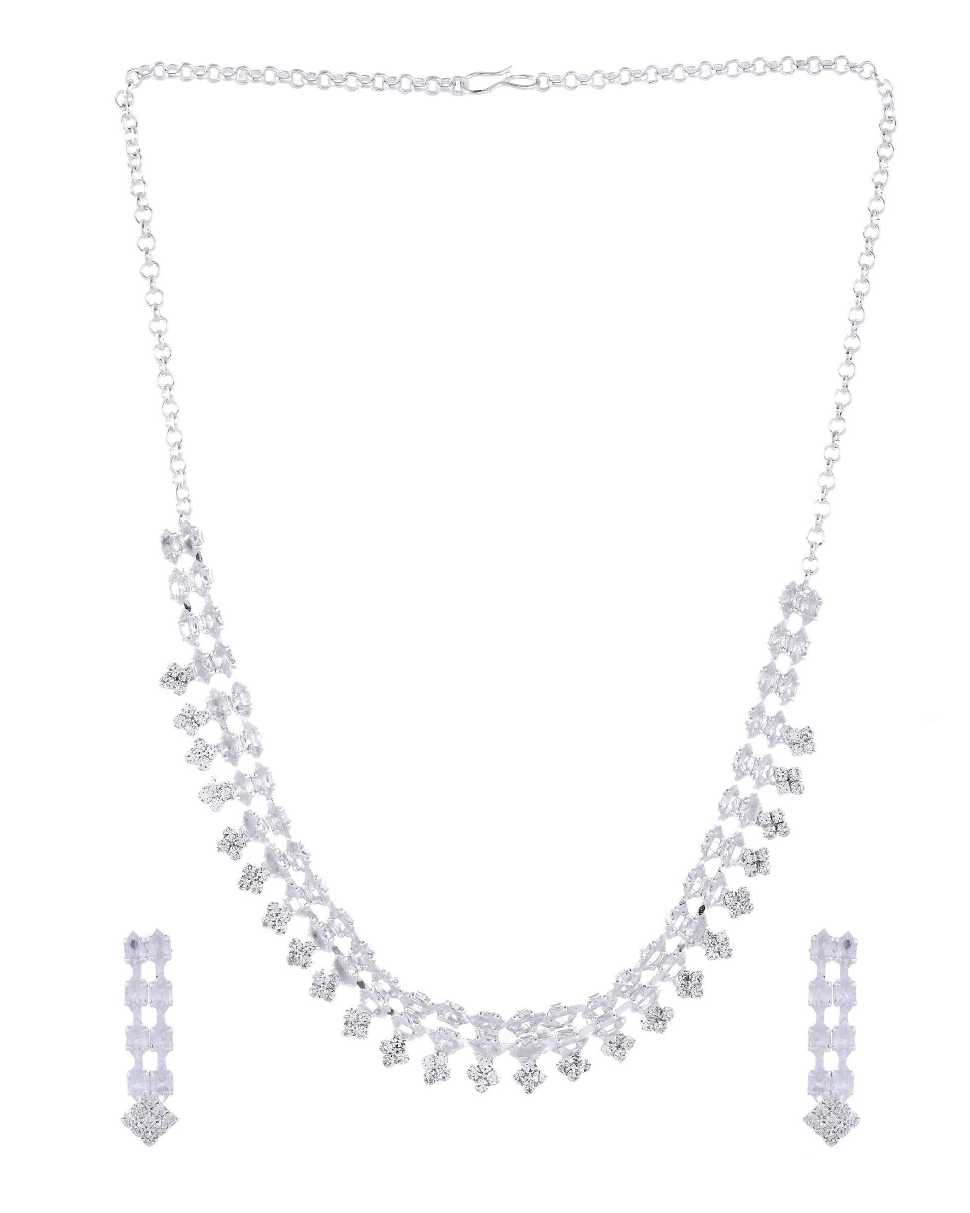 VOJ Silver Plated CZ Stones Studded Necklace Set - Swadesiicart