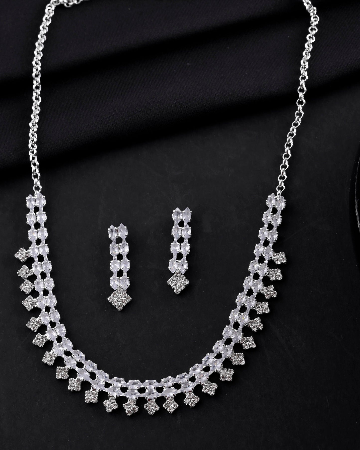 VOJ Silver Plated CZ Stones Studded Necklace Set - Swadesiicart