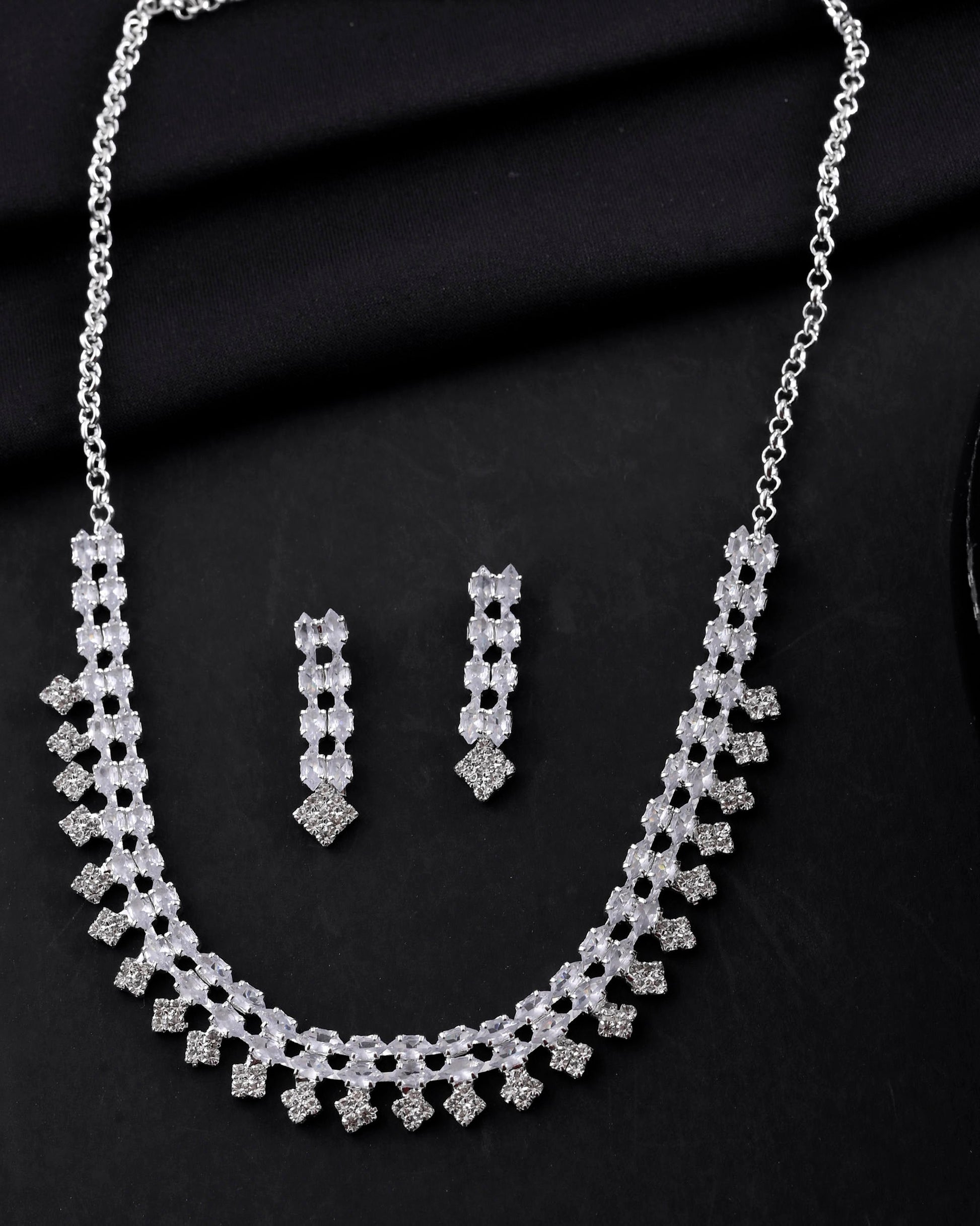 VOJ Silver Plated CZ Stones Studded Necklace Set - Swadesiicart