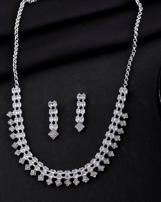 VOJ Silver Plated CZ Stones Studded Necklace Set - Swadesiicart