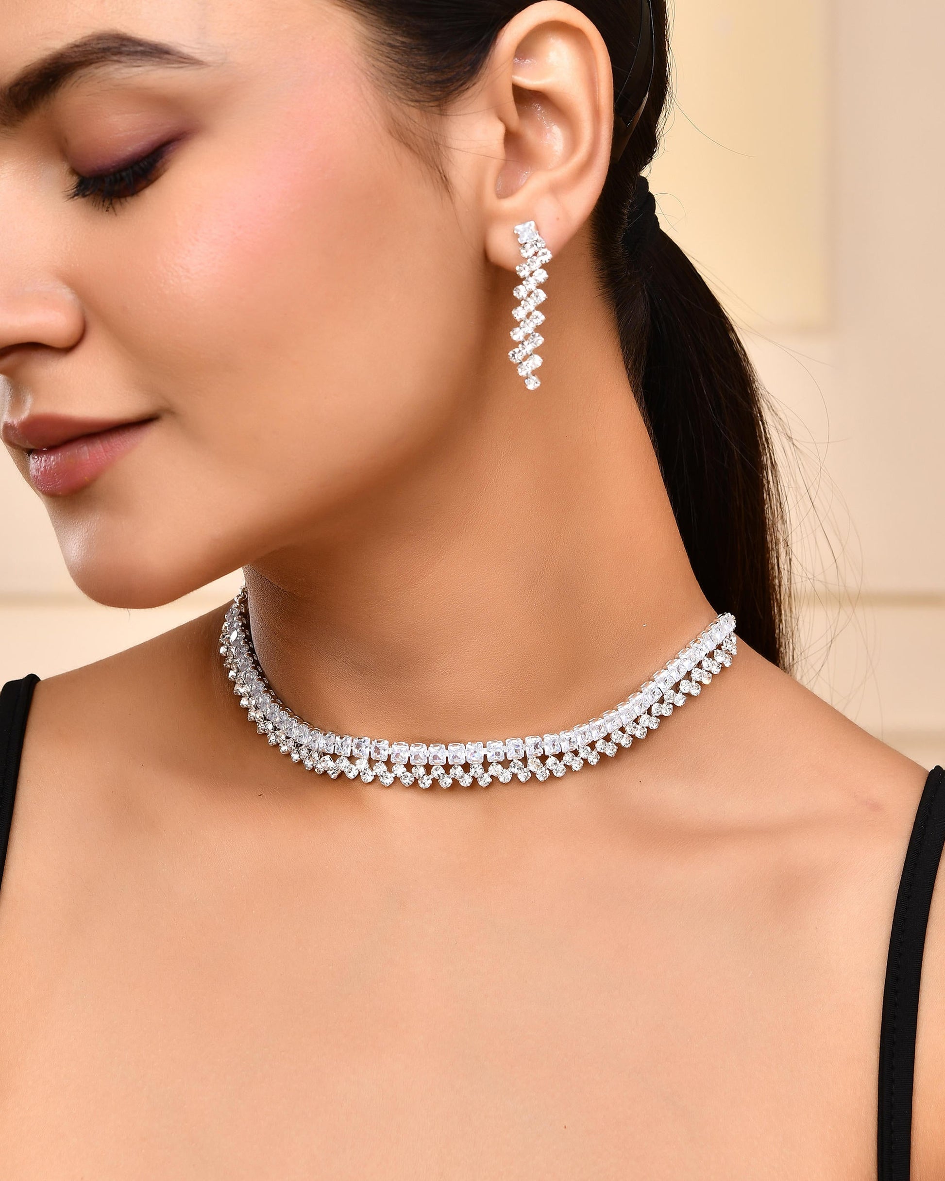 VOJ Silver Plated CZ And Artifical Stones Studded Necklace Set - Swadesiicart