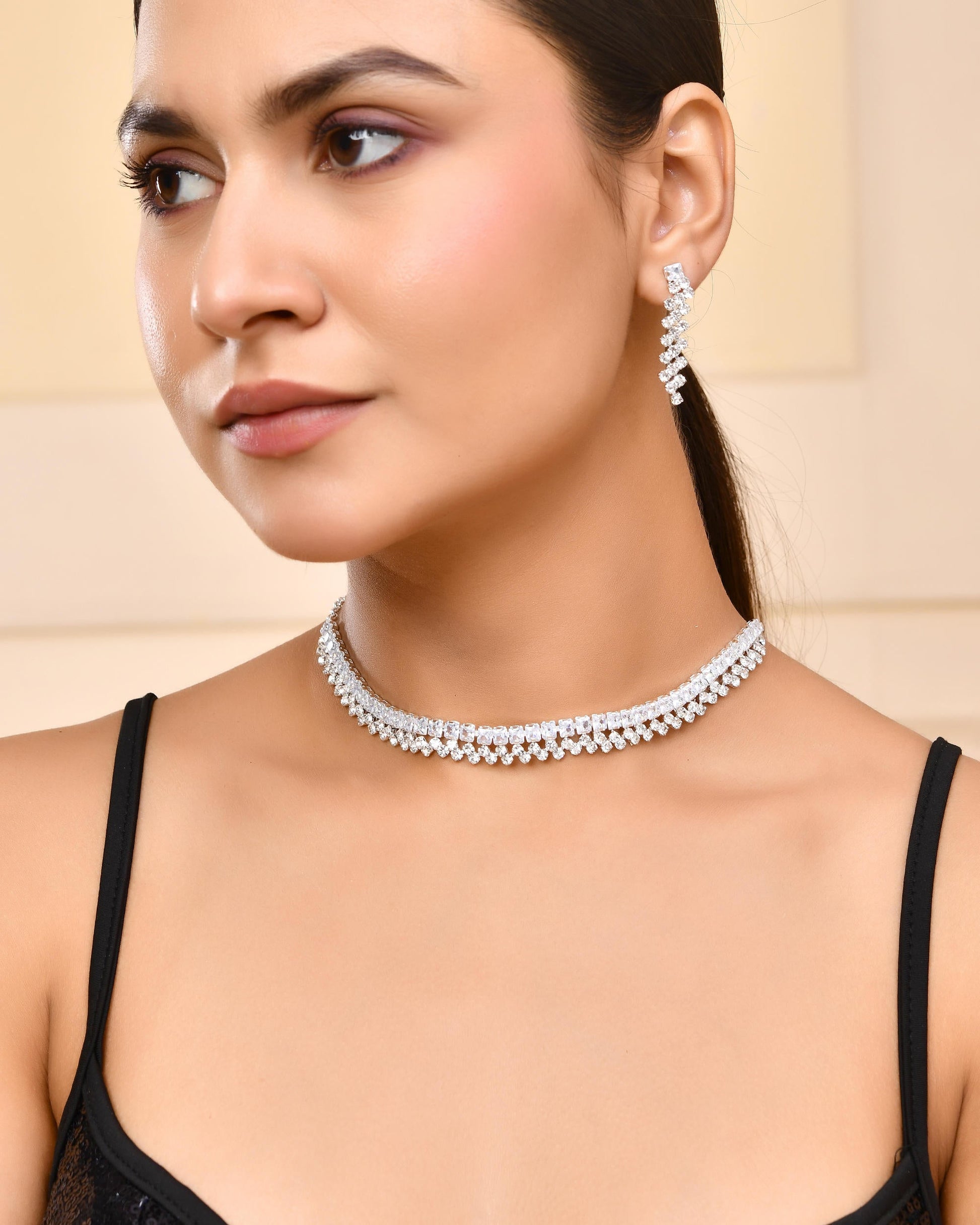 VOJ Silver Plated CZ And Artifical Stones Studded Necklace Set - Swadesiicart