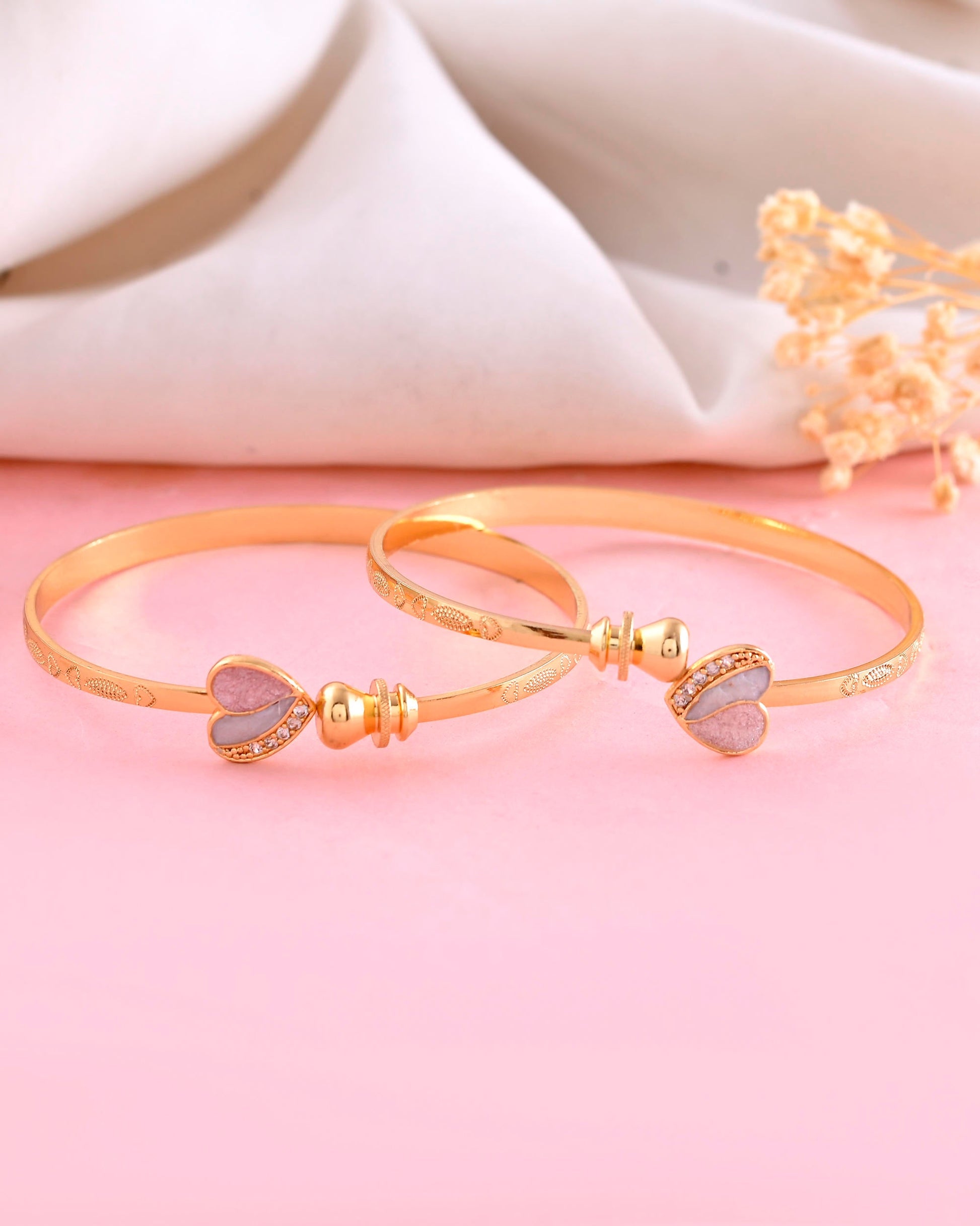 VOJ Set of 2 Gold-Polished Stone Studded Heart Shaped Bangles - Swadesiicart