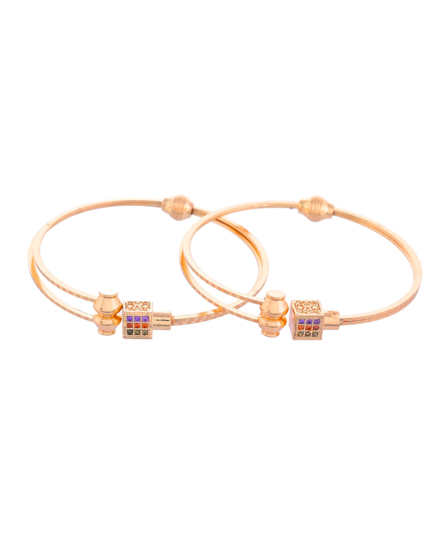 VOJ Set of 2 Gold-Polished Mutli Colour Stones Studded Square Shaped Bangles - Swadesiicart