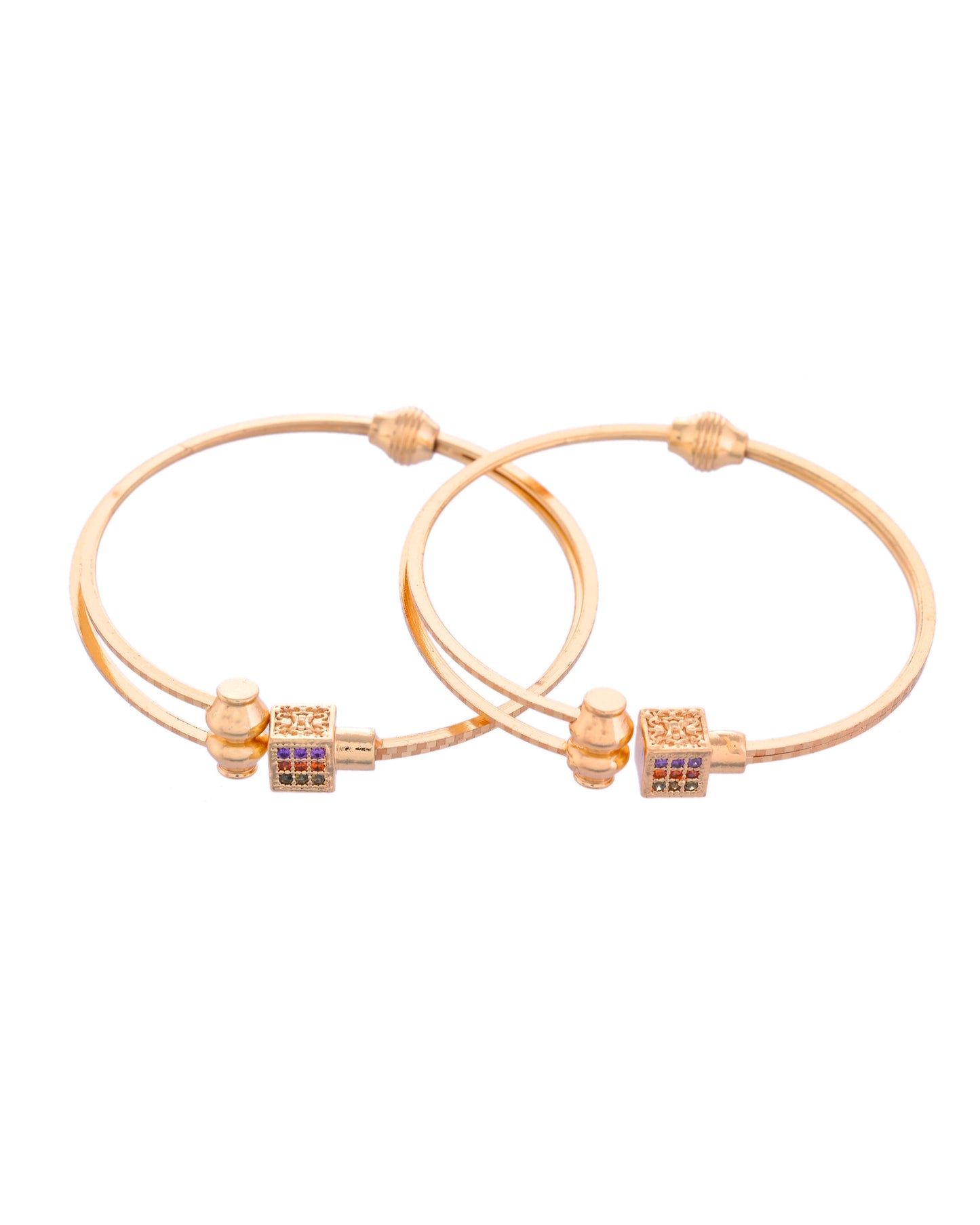 VOJ Set of 2 Gold-Polished Mutli Colour Stones Studded Square Shaped Bangles - Swadesiicart