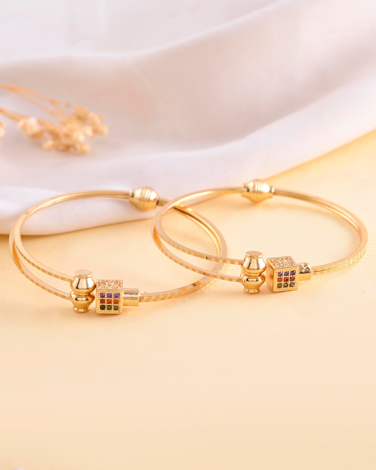 VOJ Set of 2 Gold-Polished Mutli Colour Stones Studded Square Shaped Bangles - Swadesiicart