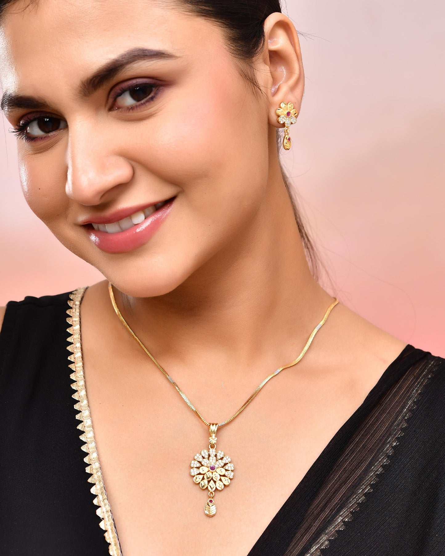 VOJ Gold-Polished Floral Shaped AD Stone Studded Chain Set - Swadesiicart