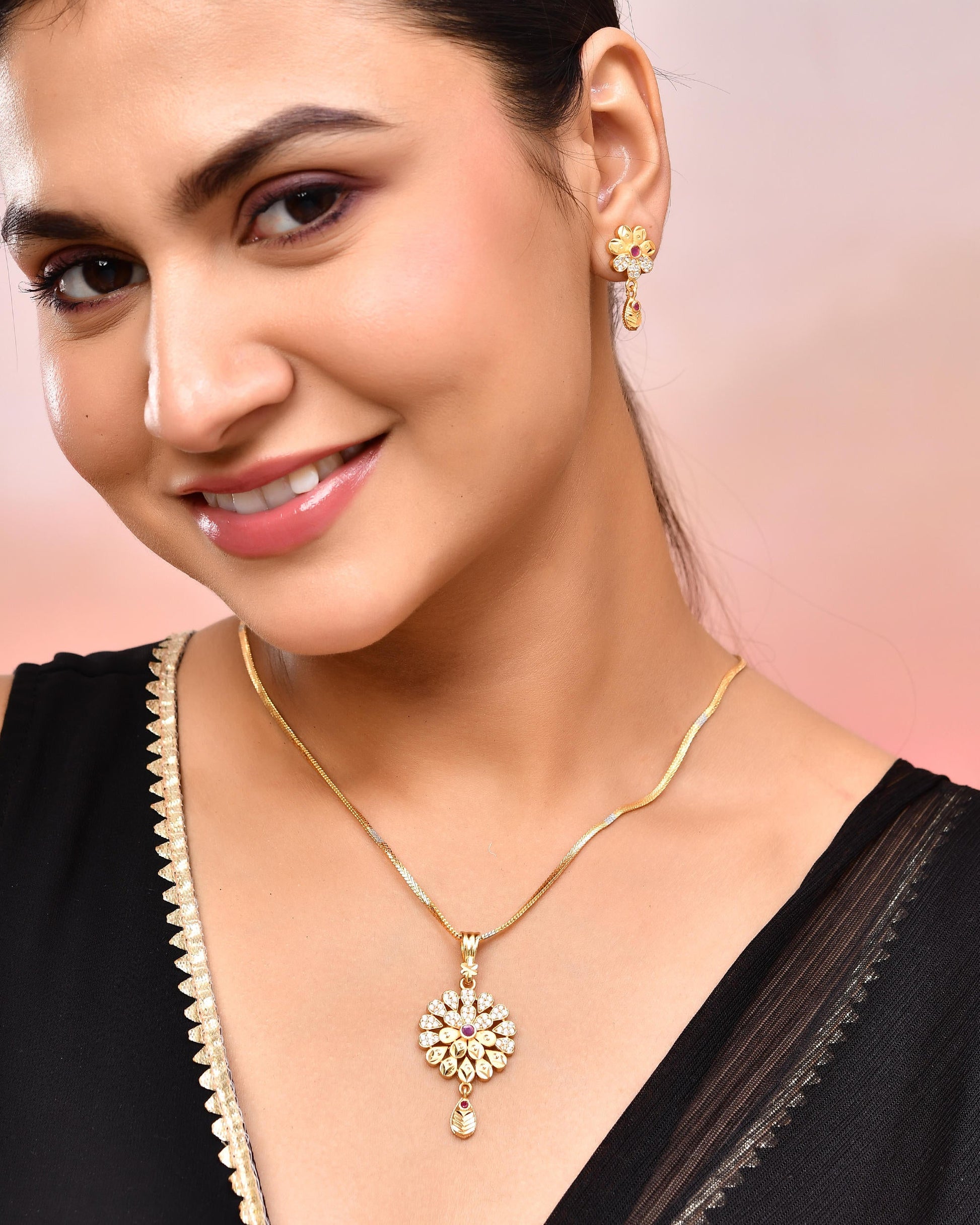 VOJ Gold-Polished Floral Shaped AD Stone Studded Chain Set - Swadesiicart