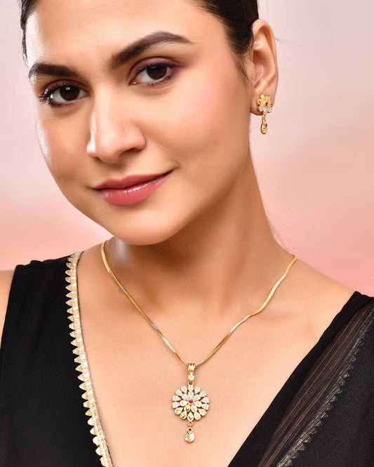 VOJ Gold-Polished Floral Shaped AD Stone Studded Chain Set - Swadesiicart