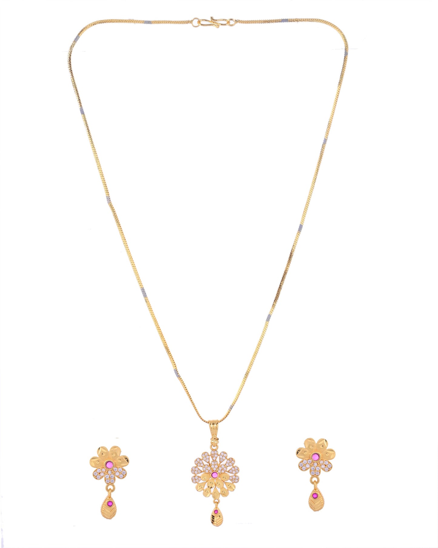 VOJ Gold-Polished Floral Shaped AD Stone Studded Chain Set - Swadesiicart