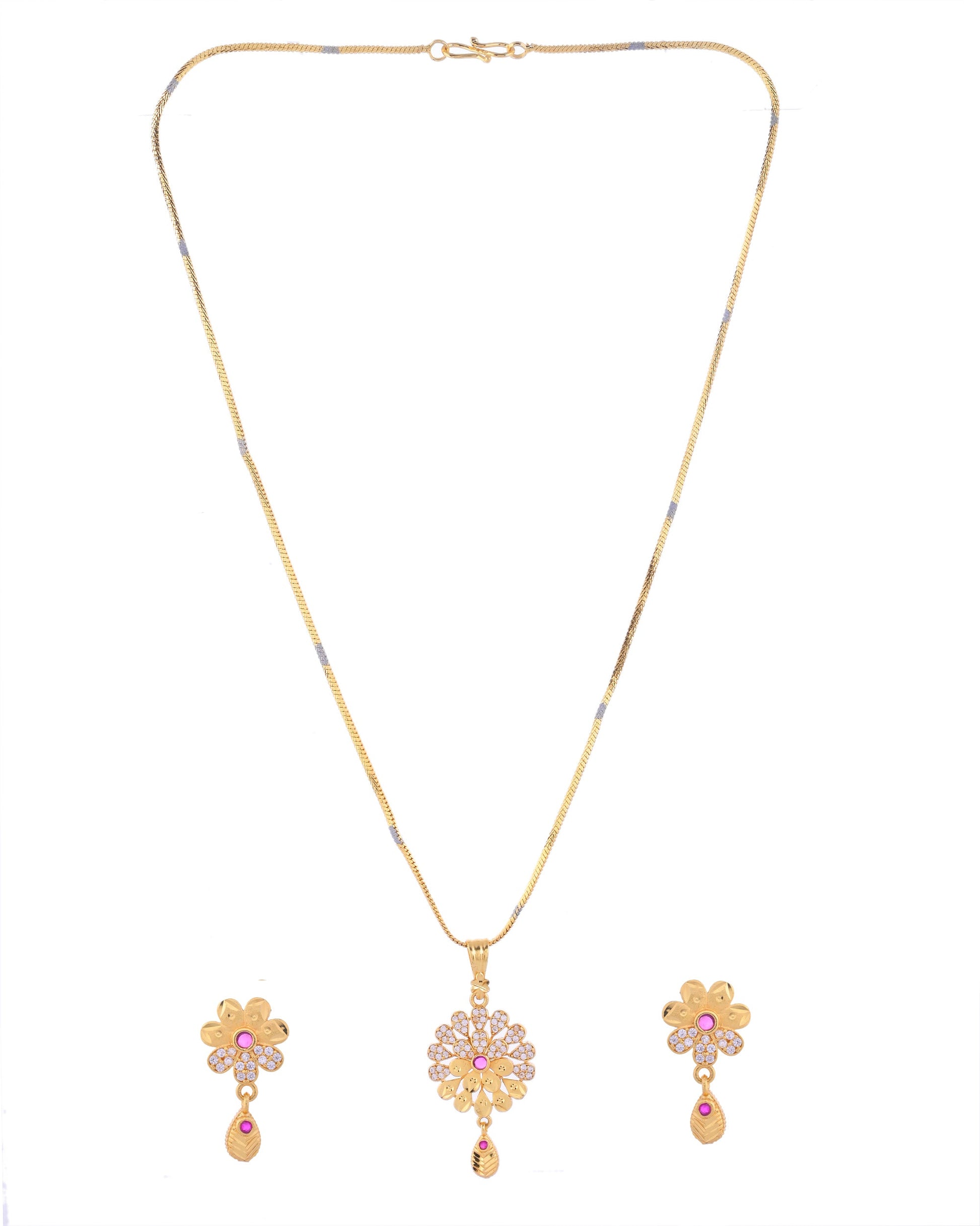 VOJ Gold-Polished Floral Shaped AD Stone Studded Chain Set - Swadesiicart