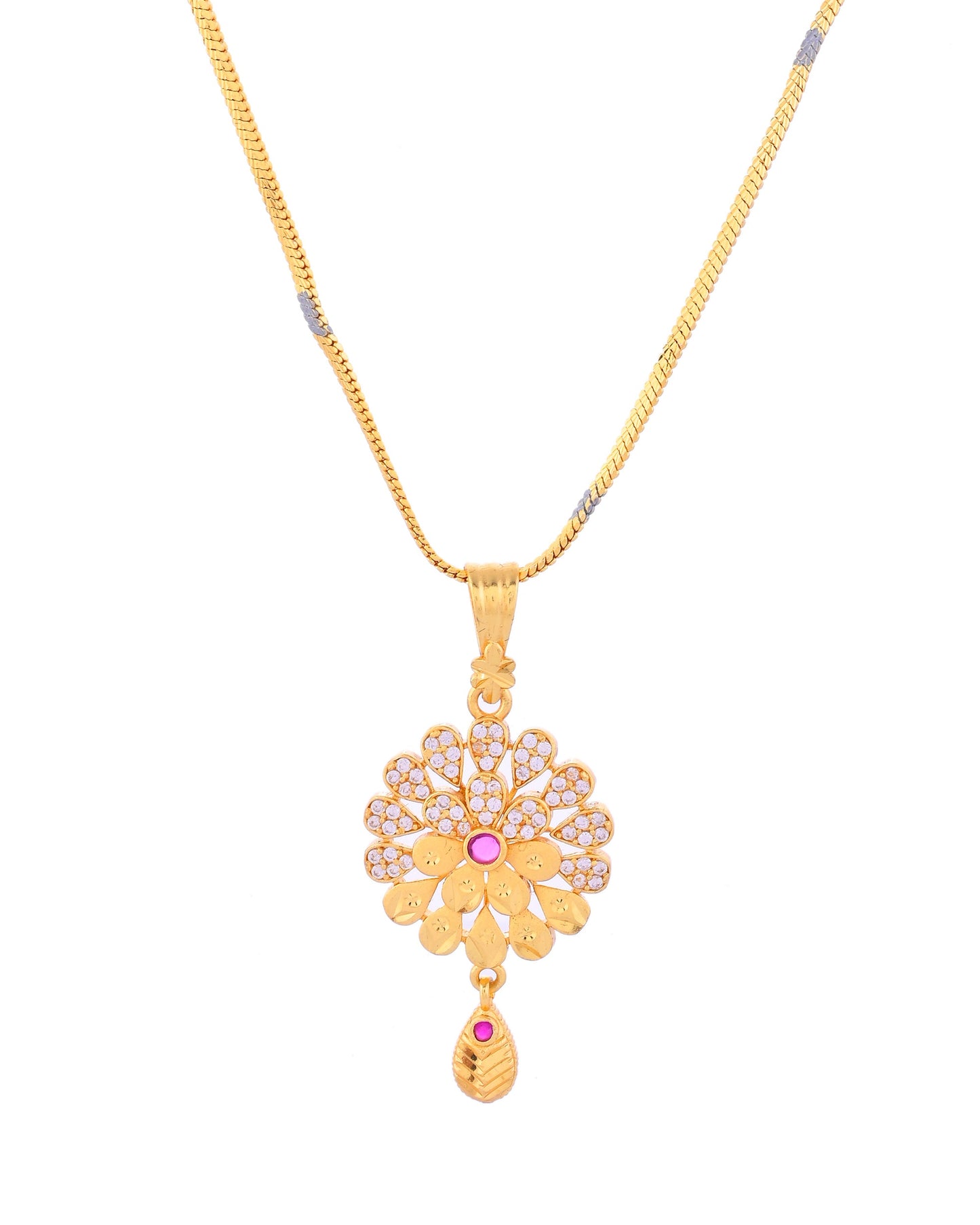 VOJ Gold-Polished Floral Shaped AD Stone Studded Chain Set - Swadesiicart