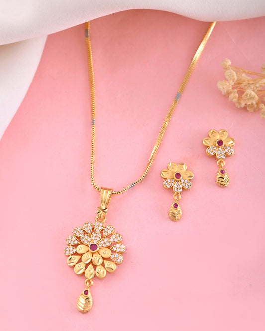 VOJ Gold-Polished Floral Shaped AD Stone Studded Chain Set - Swadesiicart