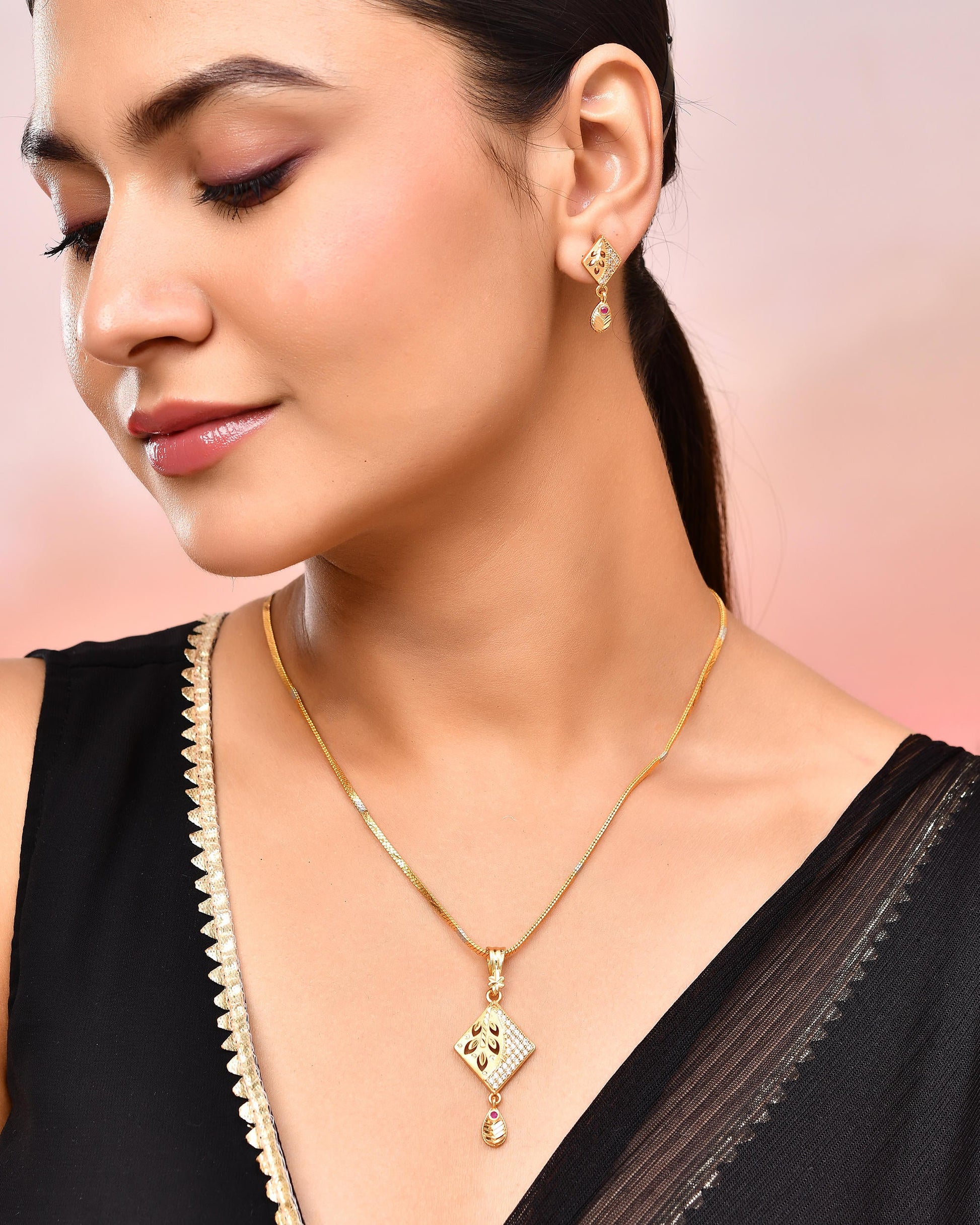 VOJ Gold-Polished Geomatrical AD Stone Studded Chain Set - Swadesiicart