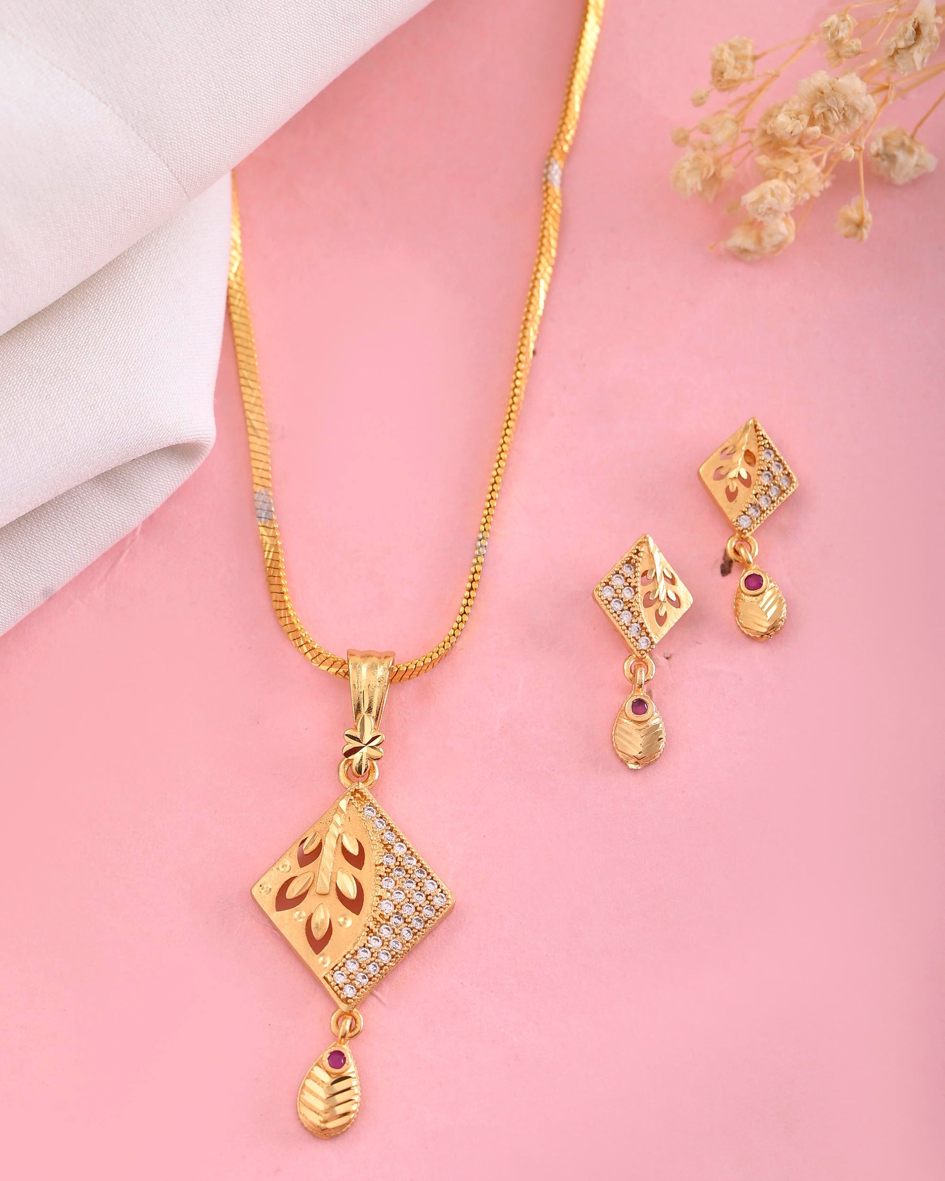 VOJ Gold-Polished Geomatrical AD Stone Studded Chain Set - Swadesiicart