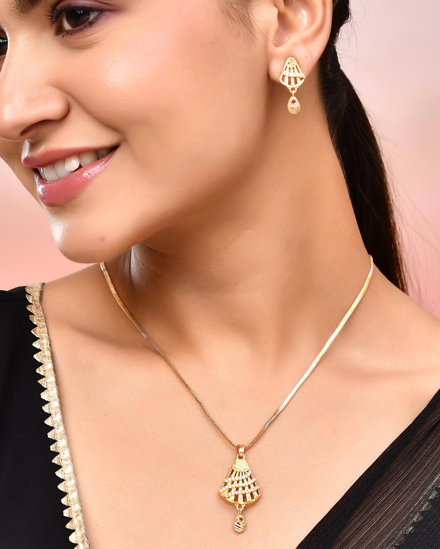 VOJ Gold-Polished Designer Shaped AD Stone Studded Chain Set - Swadesiicart