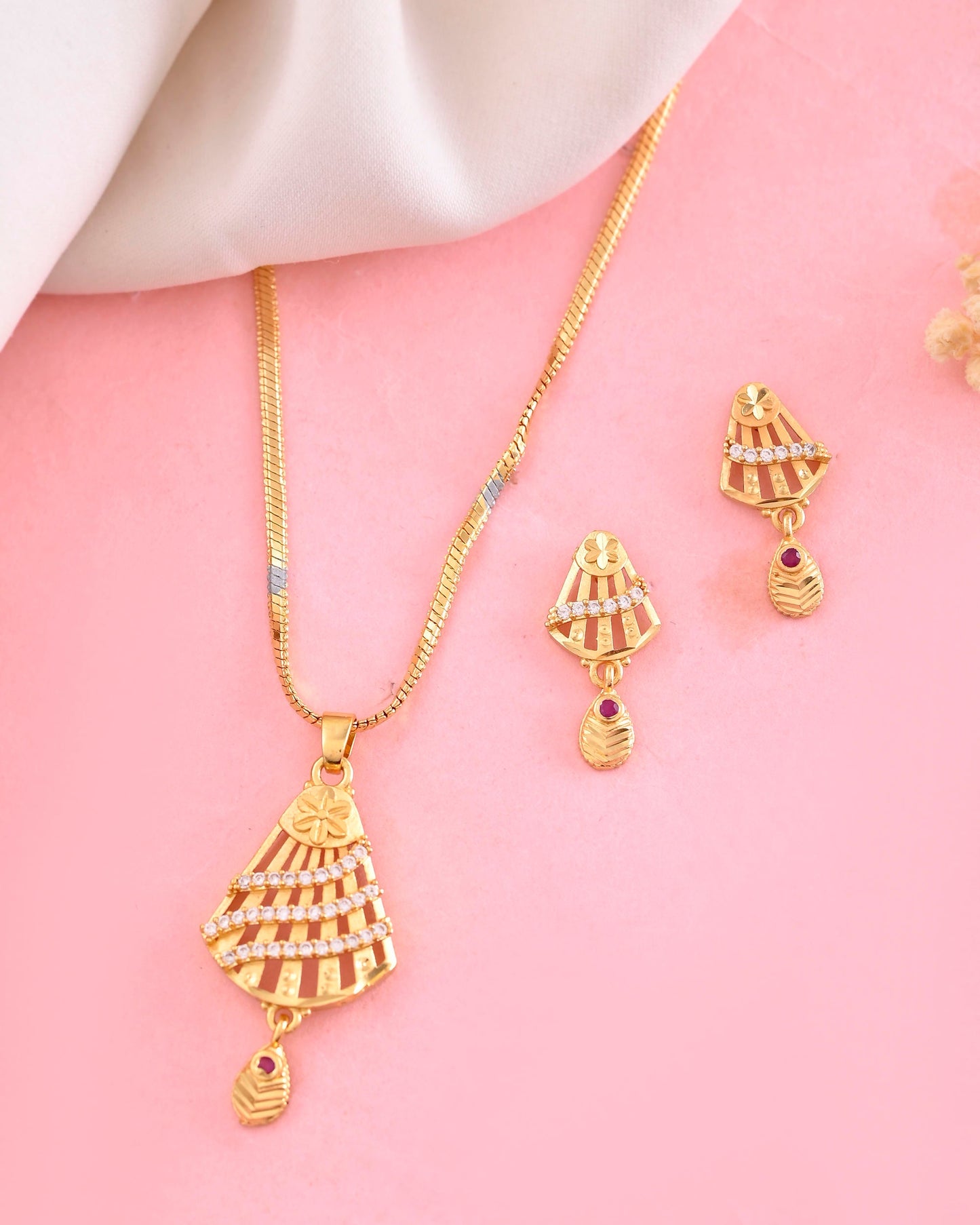 VOJ Gold-Polished Designer Shaped AD Stone Studded Chain Set - Swadesiicart