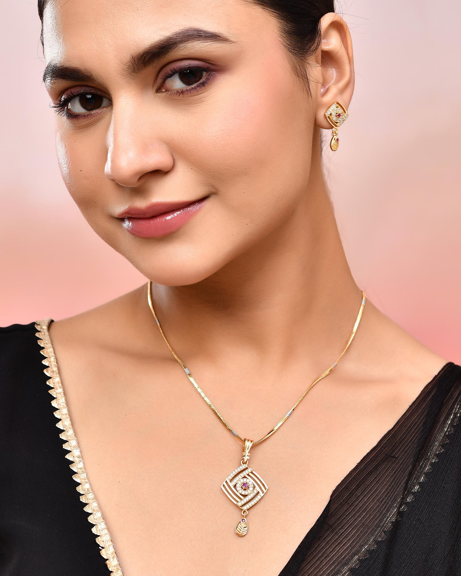 VOJ Gold-Polished Square Shaped AD Stone Studded Chain Set - Swadesiicart