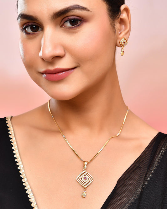 VOJ Gold-Polished Square Shaped AD Stone Studded Chain Set - Swadesiicart