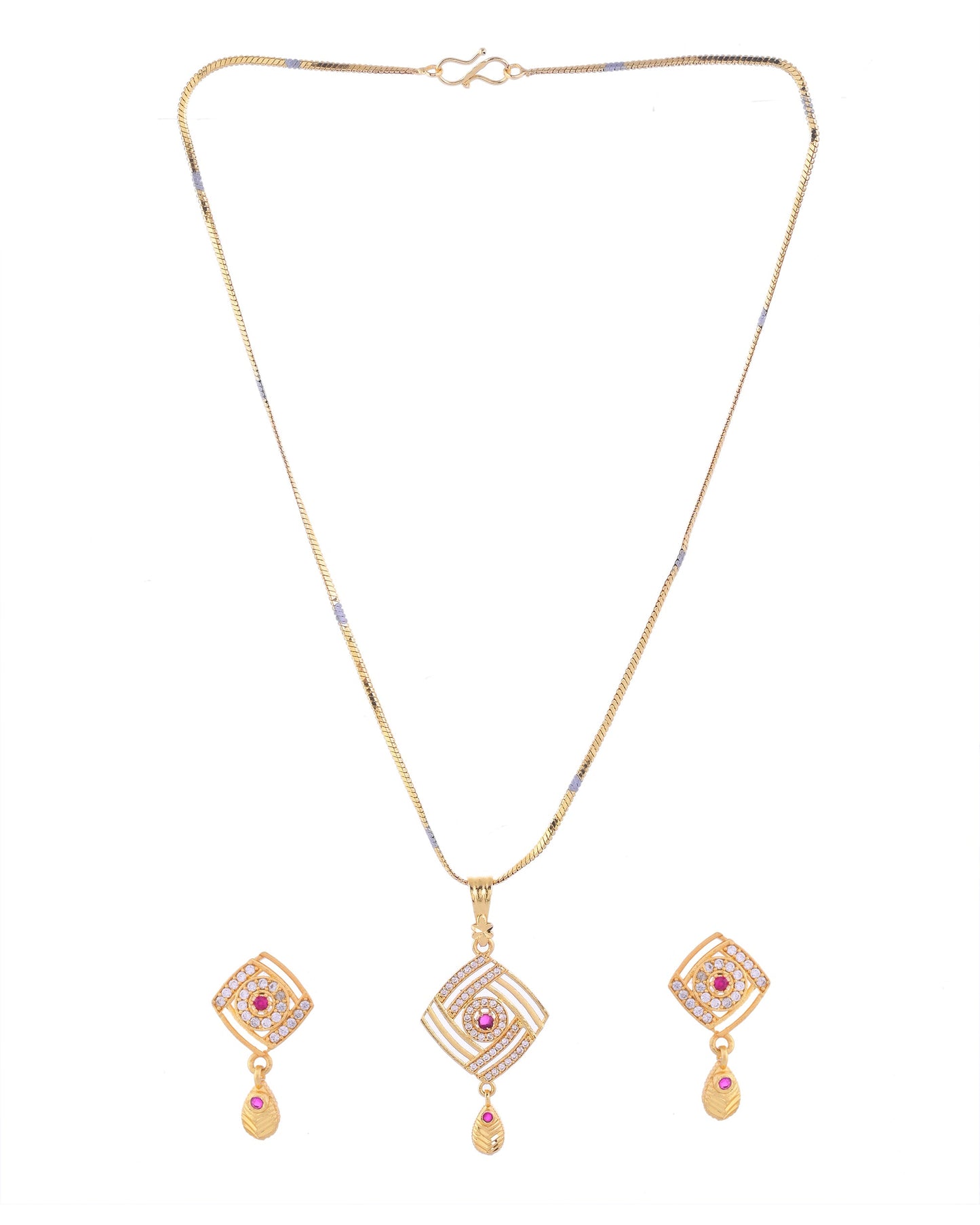 VOJ Gold-Polished Square Shaped AD Stone Studded Chain Set - Swadesiicart