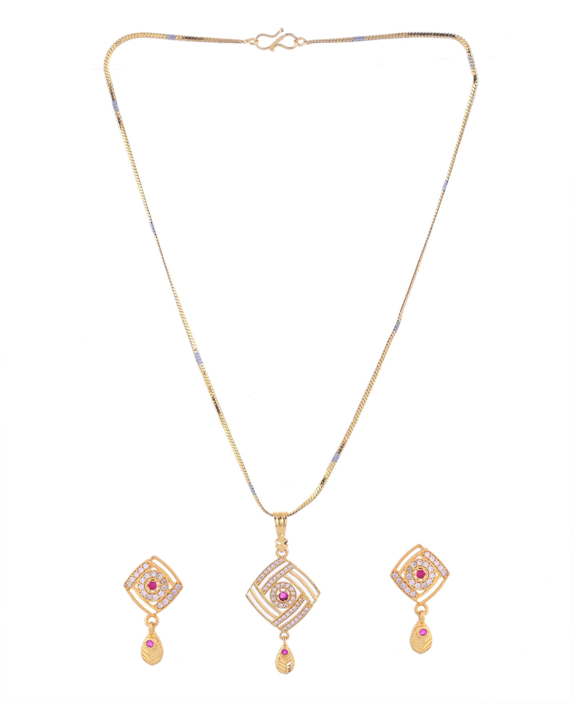 VOJ Gold-Polished Square Shaped AD Stone Studded Chain Set - Swadesiicart