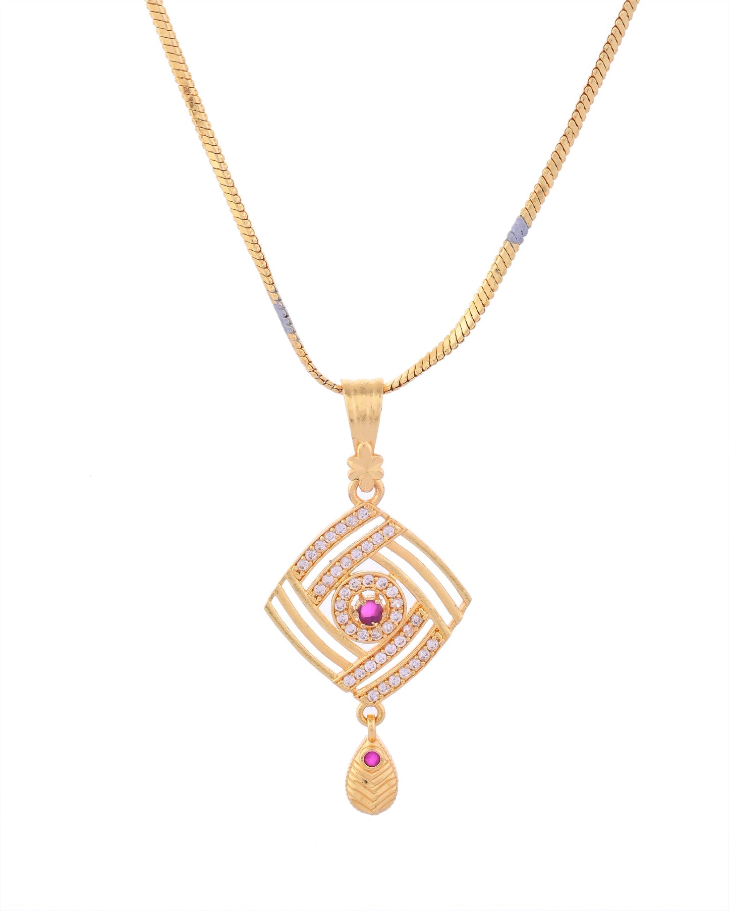 VOJ Gold-Polished Square Shaped AD Stone Studded Chain Set - Swadesiicart