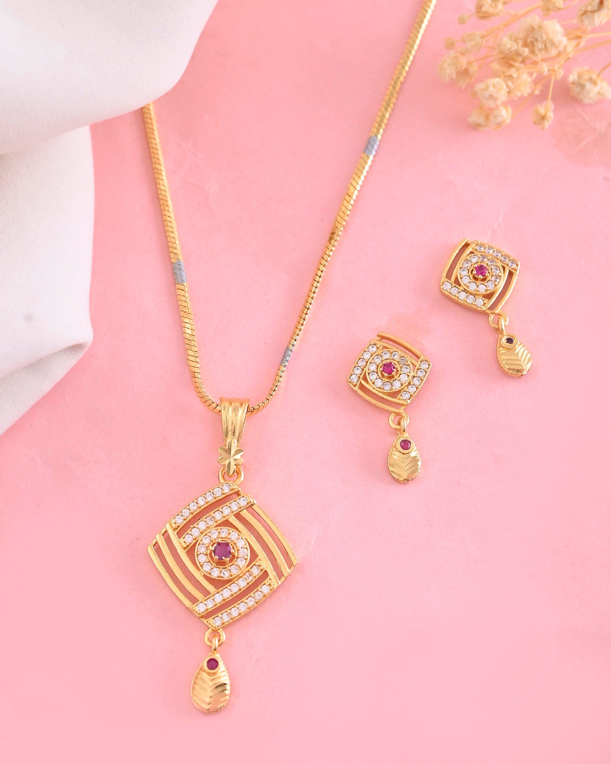 VOJ Gold-Polished Square Shaped AD Stone Studded Chain Set - Swadesiicart