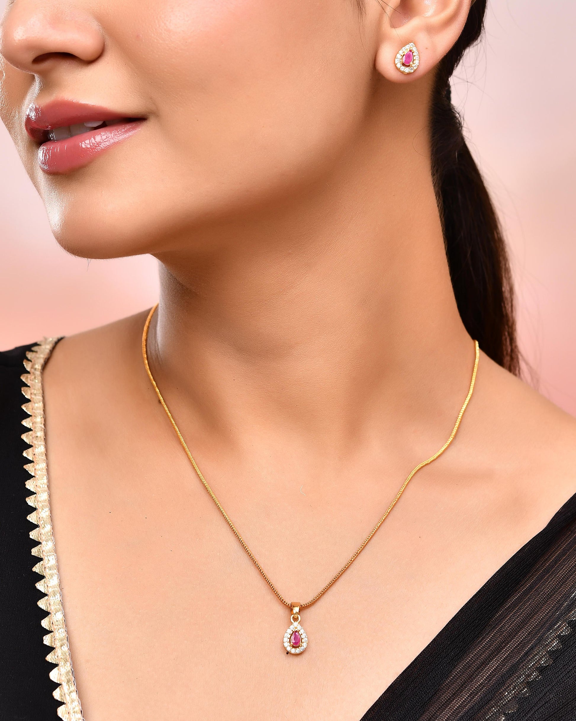 VOJ Gold-Polished Tear Drop Shaped Ruby Red Stone Studded Chain Set - Swadesiicart