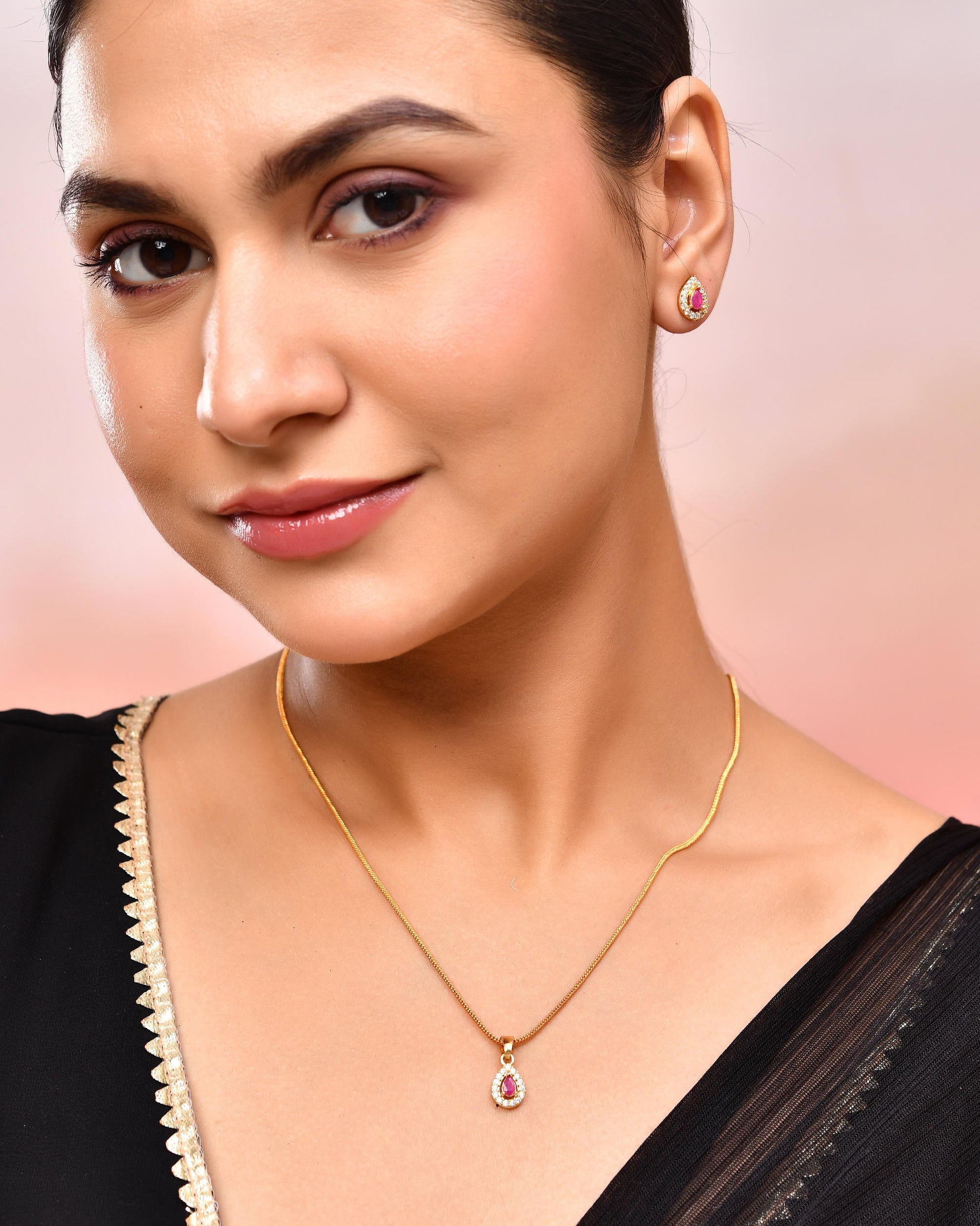 VOJ Gold-Polished Tear Drop Shaped Ruby Red Stone Studded Chain Set - Swadesiicart