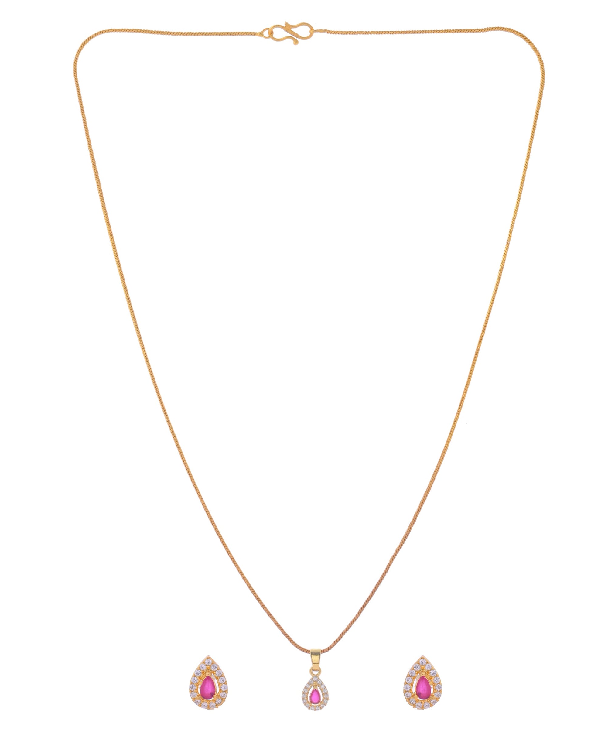 VOJ Gold-Polished Tear Drop Shaped Ruby Red Stone Studded Chain Set - Swadesiicart