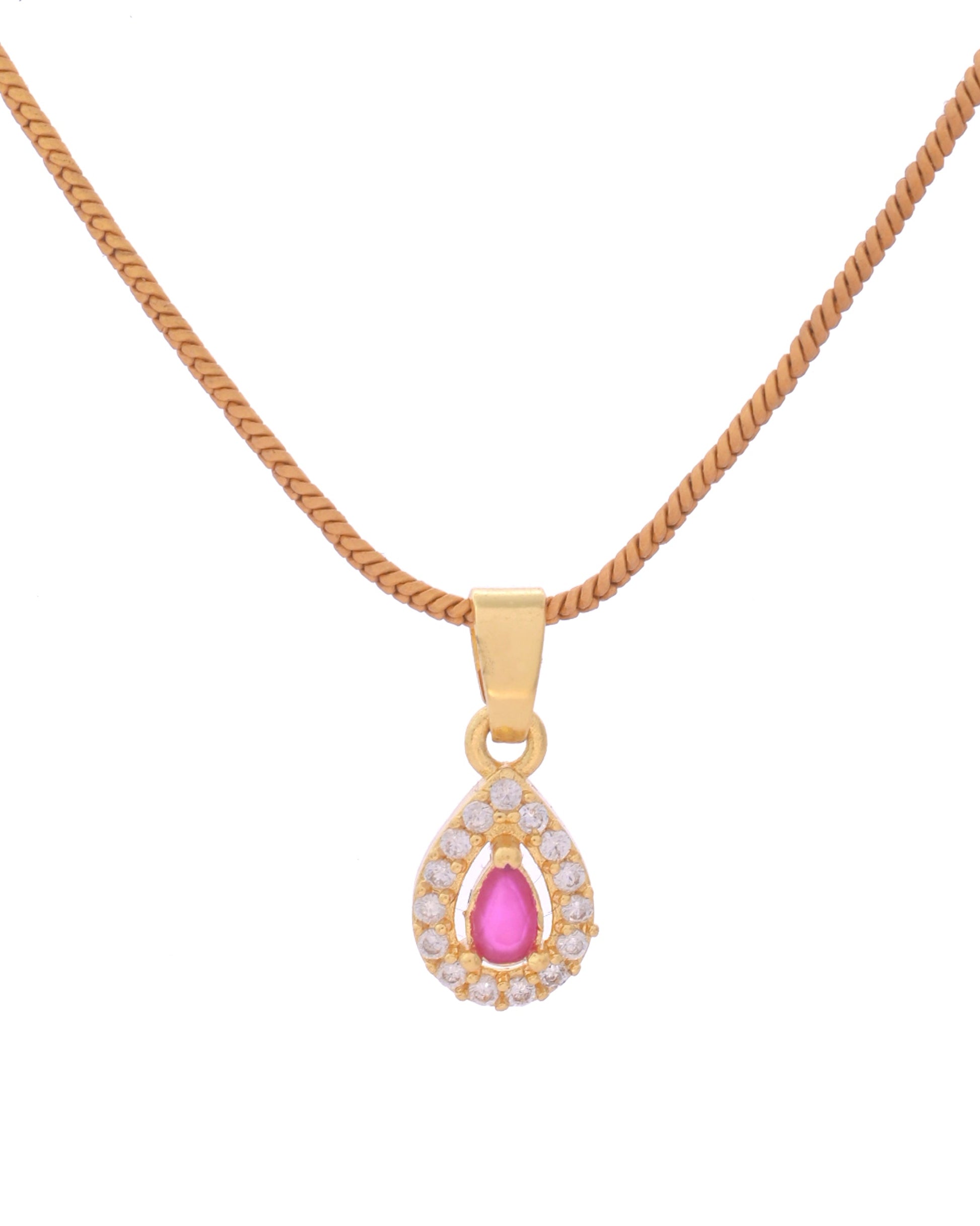 VOJ Gold-Polished Tear Drop Shaped Ruby Red Stone Studded Chain Set - Swadesiicart