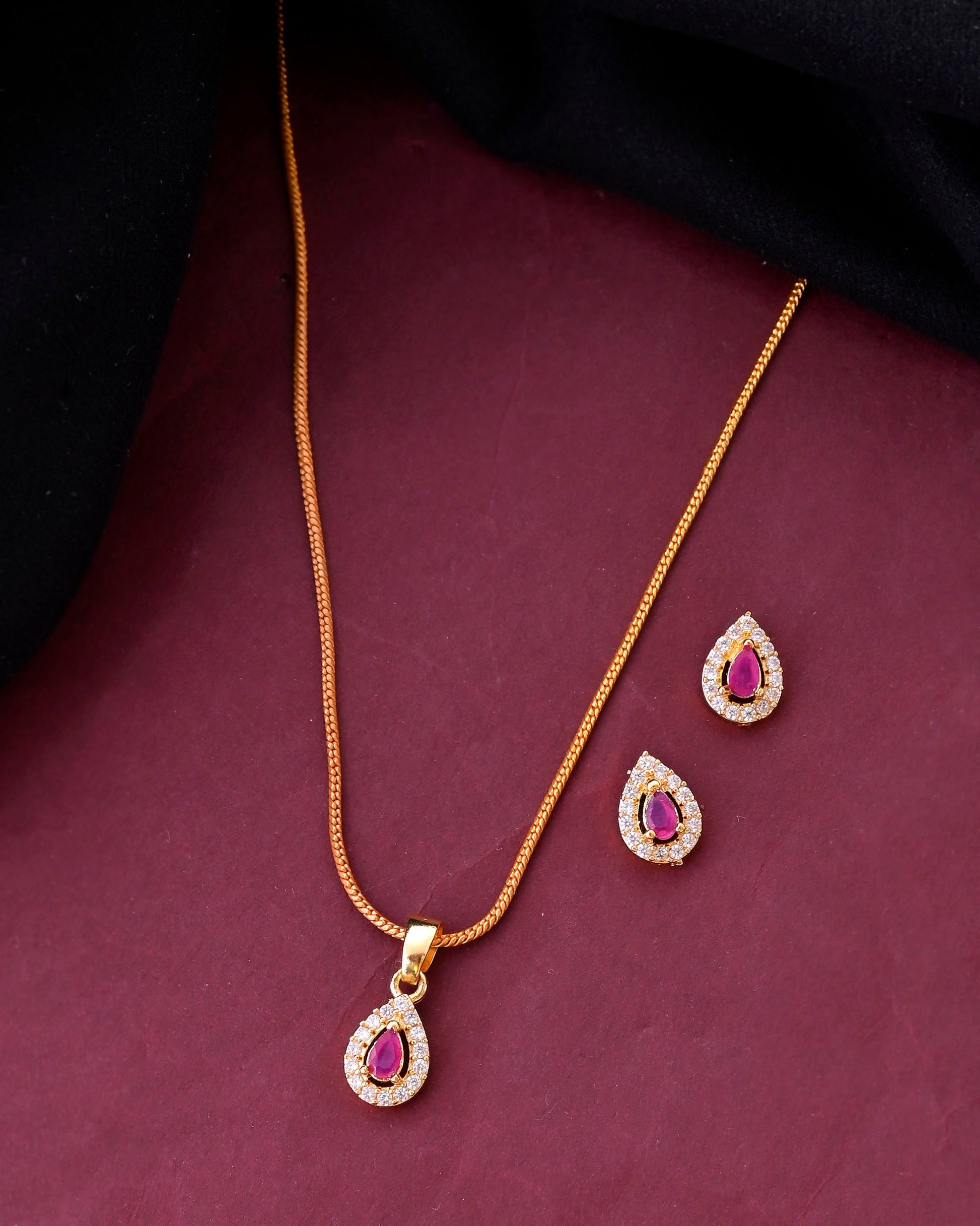 VOJ Gold-Polished Tear Drop Shaped Ruby Red Stone Studded Chain Set - Swadesiicart