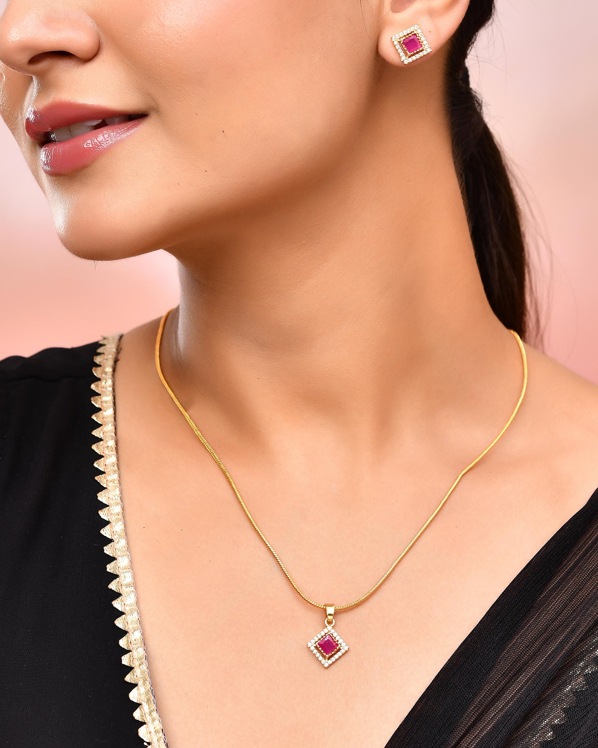 VOJ Gold-Polished Square Shaped Ruby Red Stone Studded Chain Set - Swadesiicart