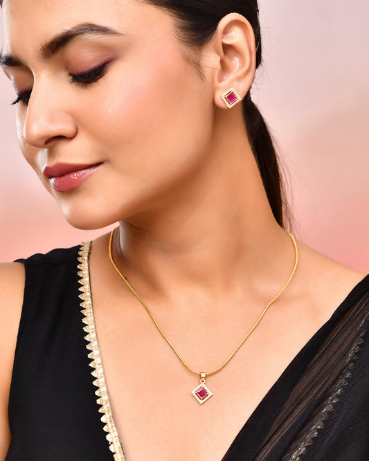 VOJ Gold-Polished Square Shaped Ruby Red Stone Studded Chain Set - Swadesiicart