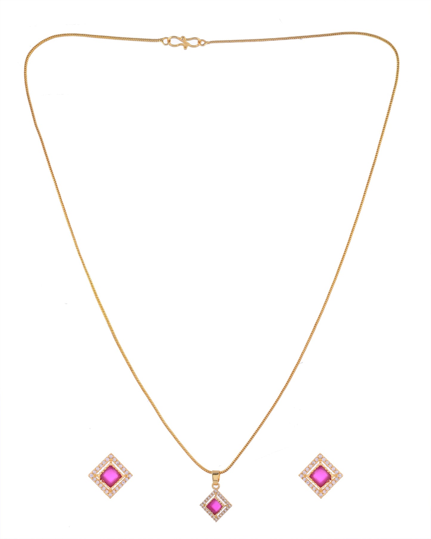VOJ Gold-Polished Square Shaped Ruby Red Stone Studded Chain Set - Swadesiicart