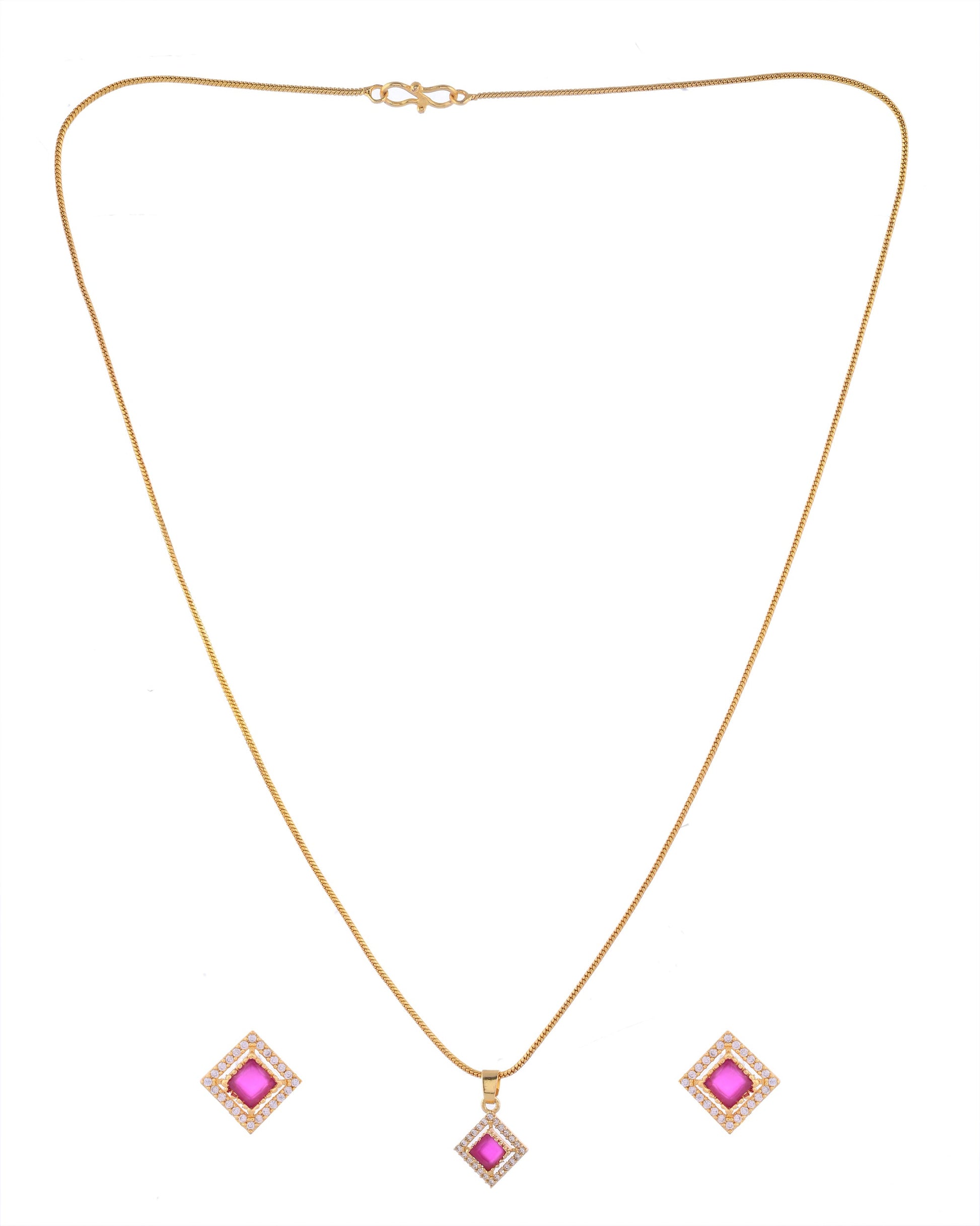 VOJ Gold-Polished Square Shaped Ruby Red Stone Studded Chain Set - Swadesiicart