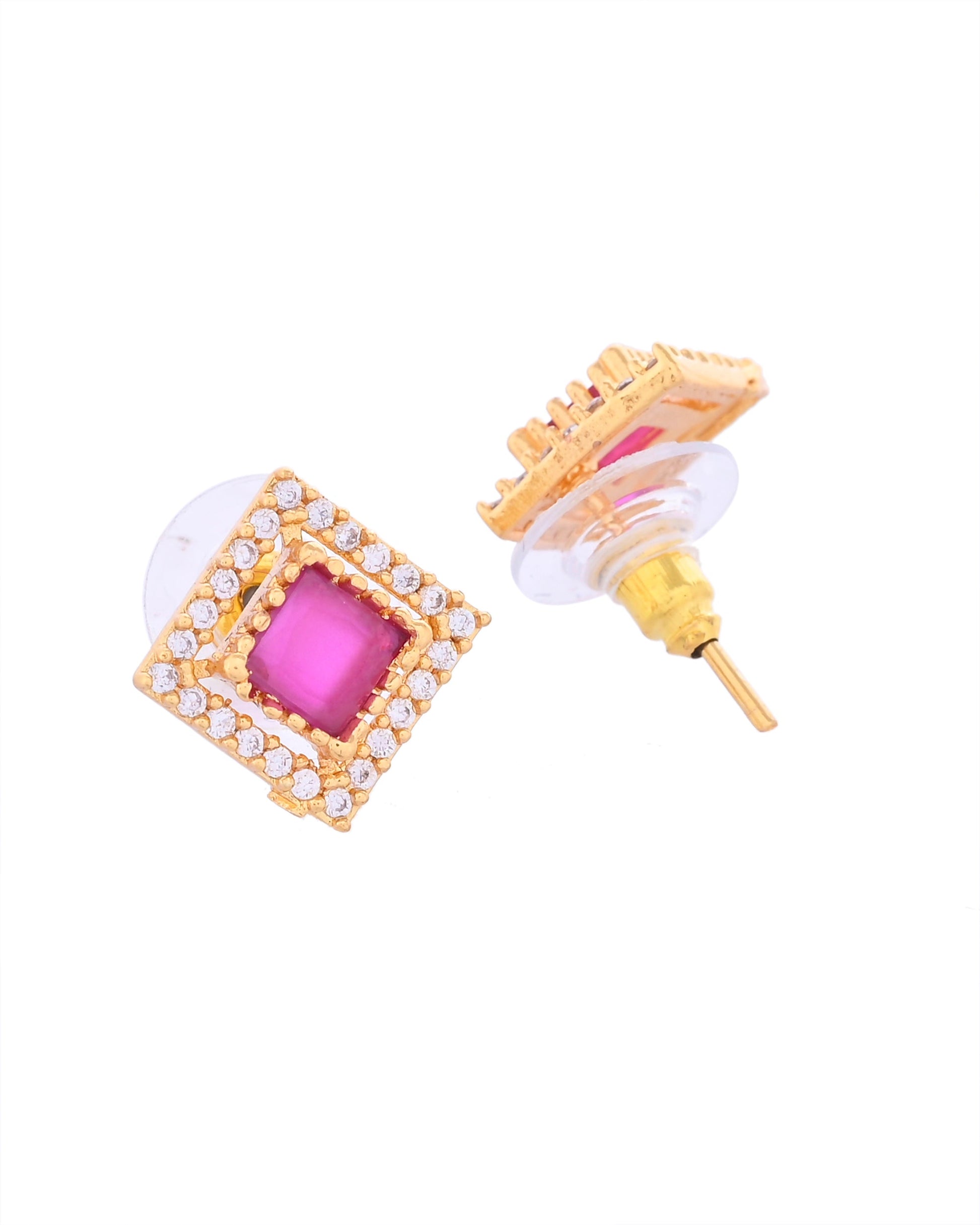 VOJ Gold-Polished Square Shaped Ruby Red Stone Studded Chain Set - Swadesiicart