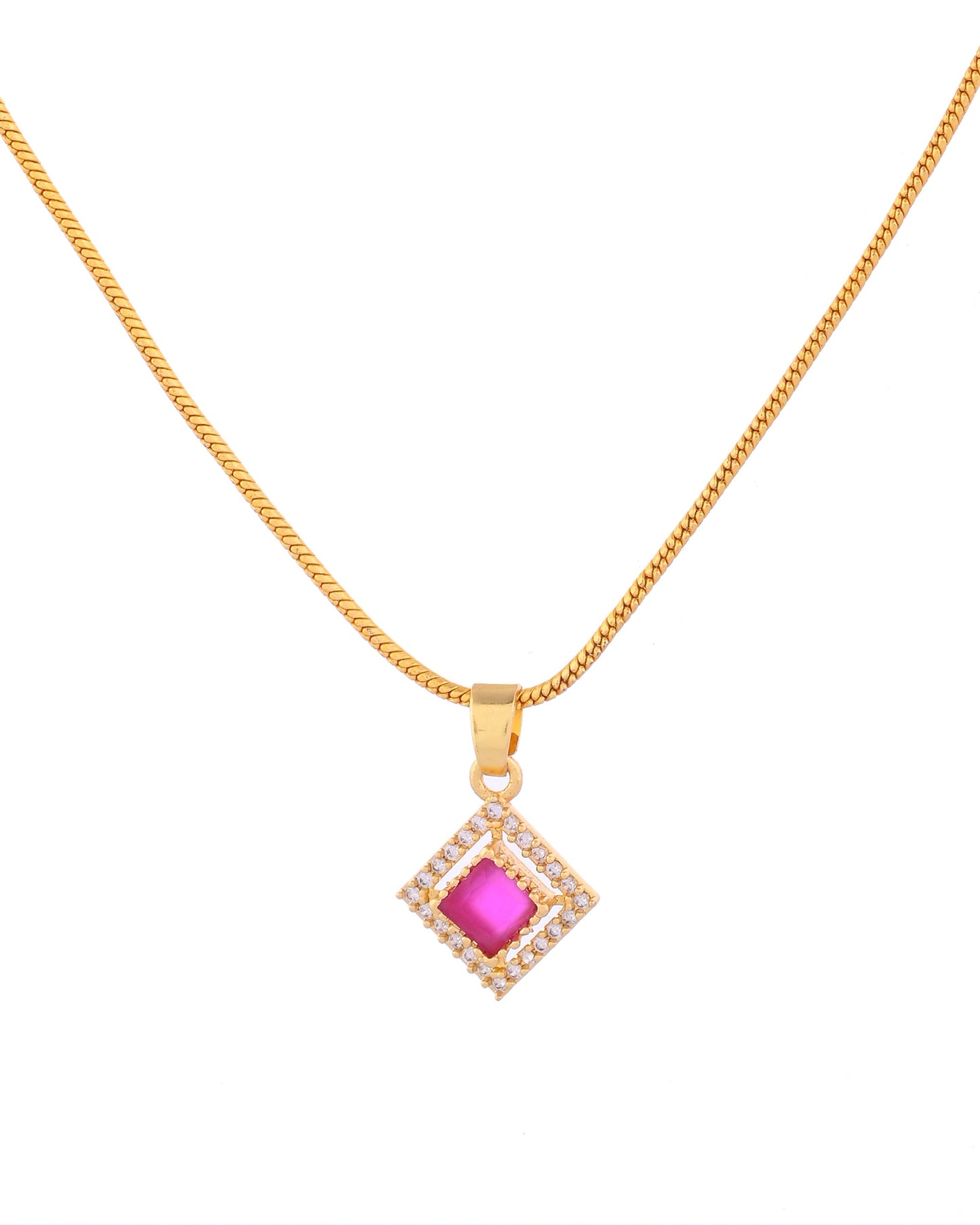 VOJ Gold-Polished Square Shaped Ruby Red Stone Studded Chain Set - Swadesiicart