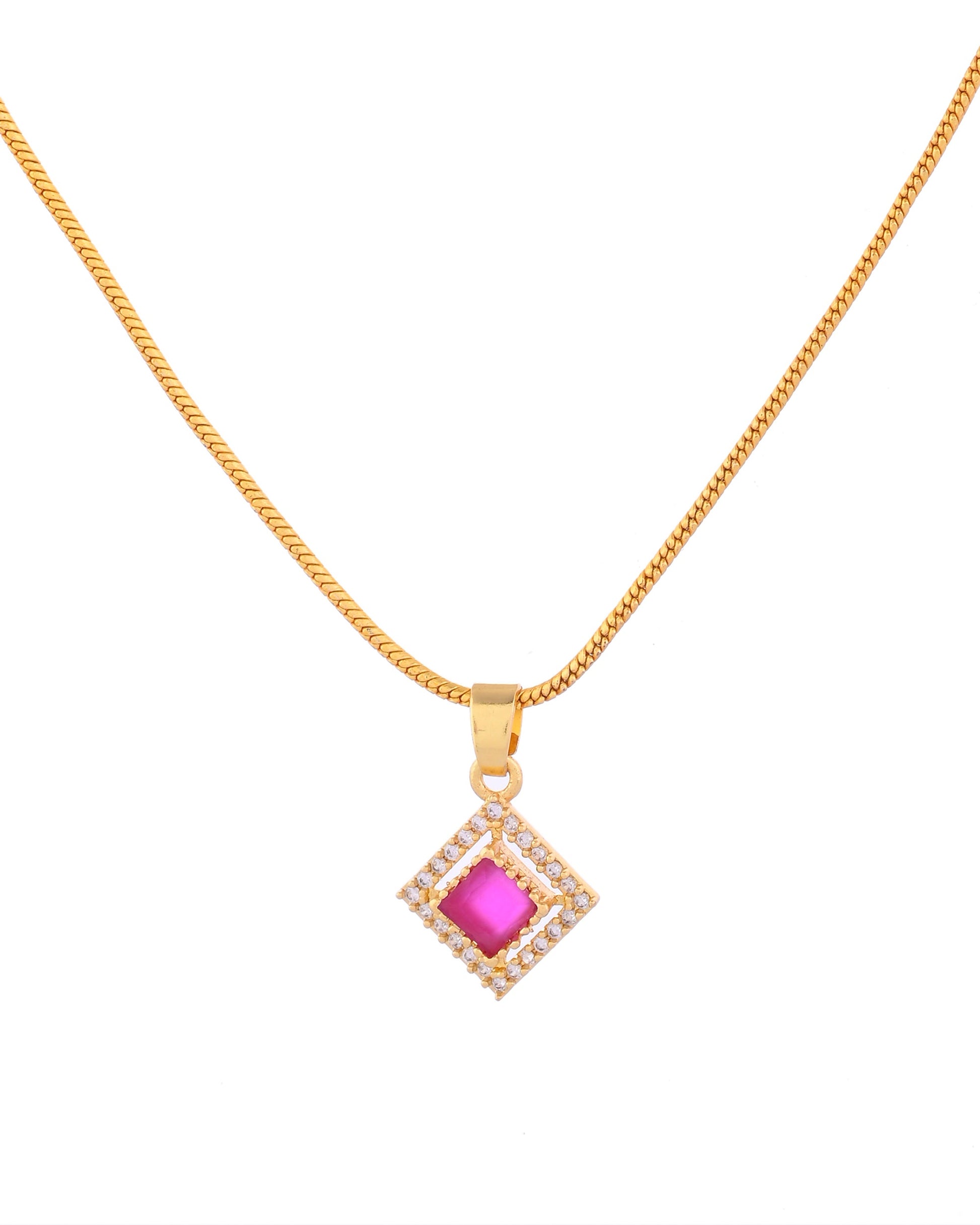 VOJ Gold-Polished Square Shaped Ruby Red Stone Studded Chain Set - Swadesiicart