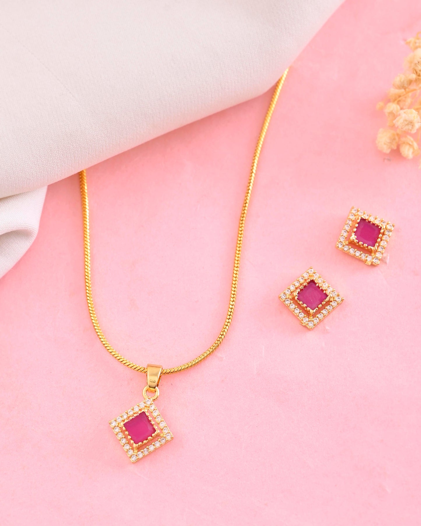 VOJ Gold-Polished Square Shaped Ruby Red Stone Studded Chain Set - Swadesiicart