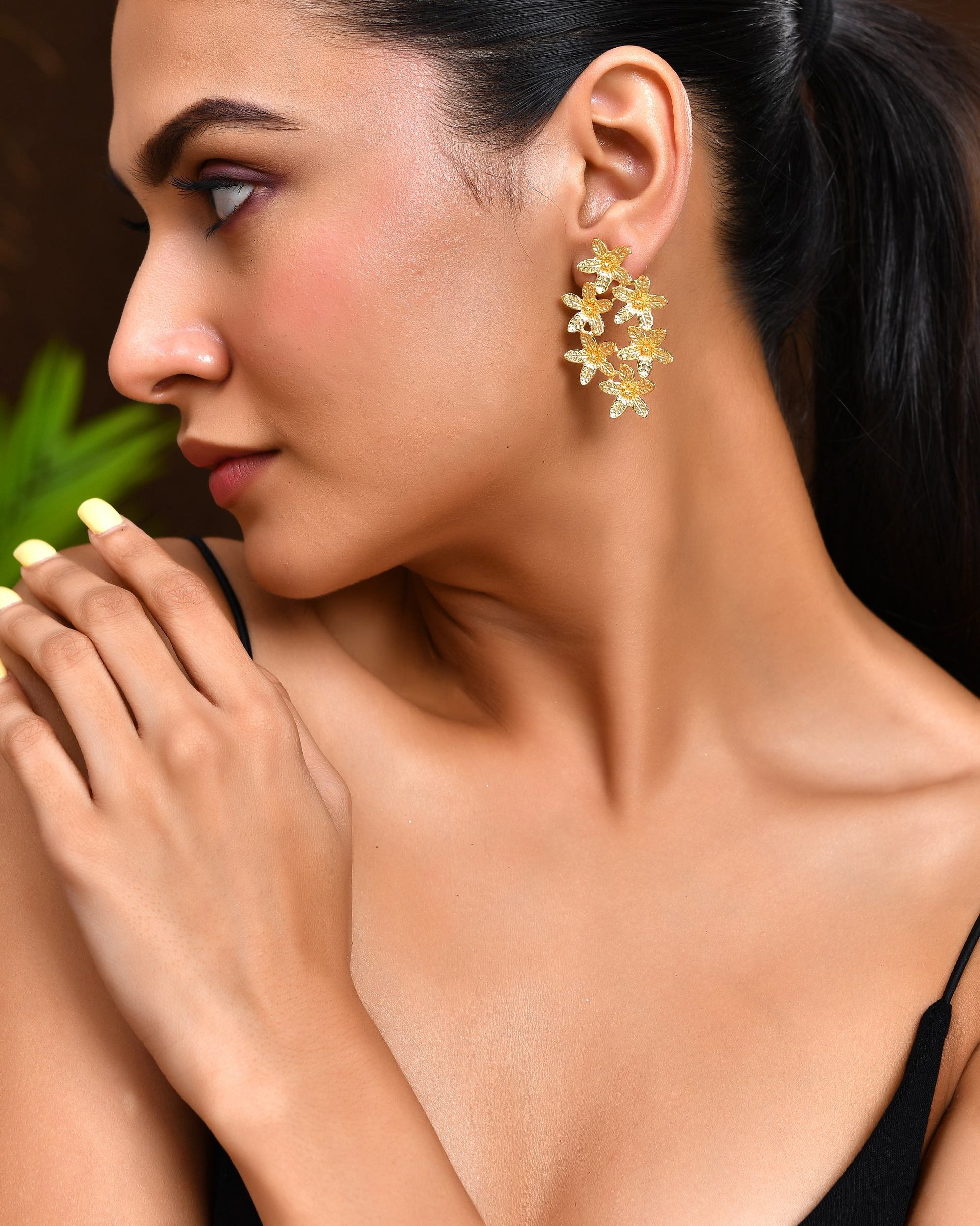VOJ Gold Polished Floral Designer Earrings - Swadesiicart