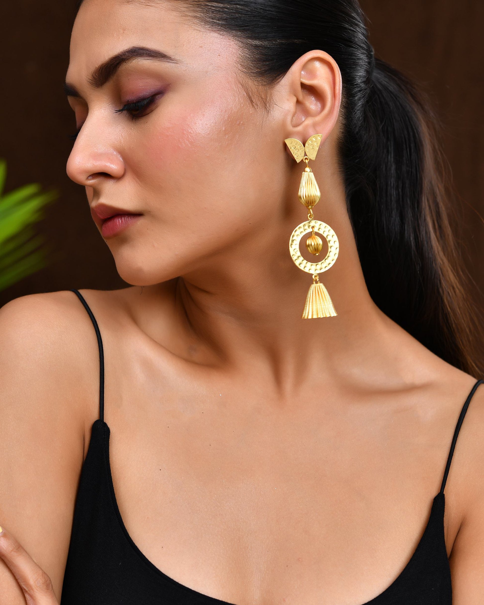 VOJ Gold Polished Designer Anti Tarnish Big Drop Earrings - Swadesiicart
