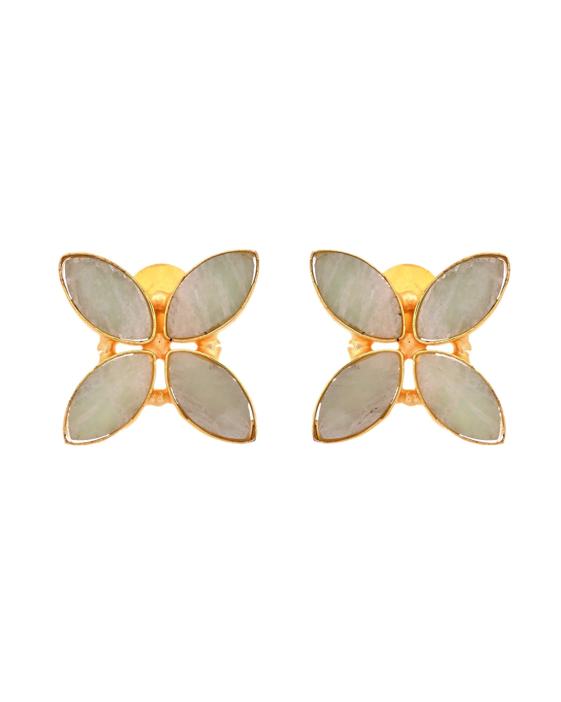 VOJ Gold Polished Teal Stone Studded Floral Stud Earrings - Swadesiicart